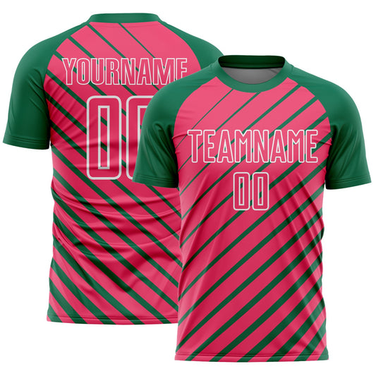 Custom Kelly Green Neon Pink-White Lines Sublimation Soccer Uniform Jersey - Main View
