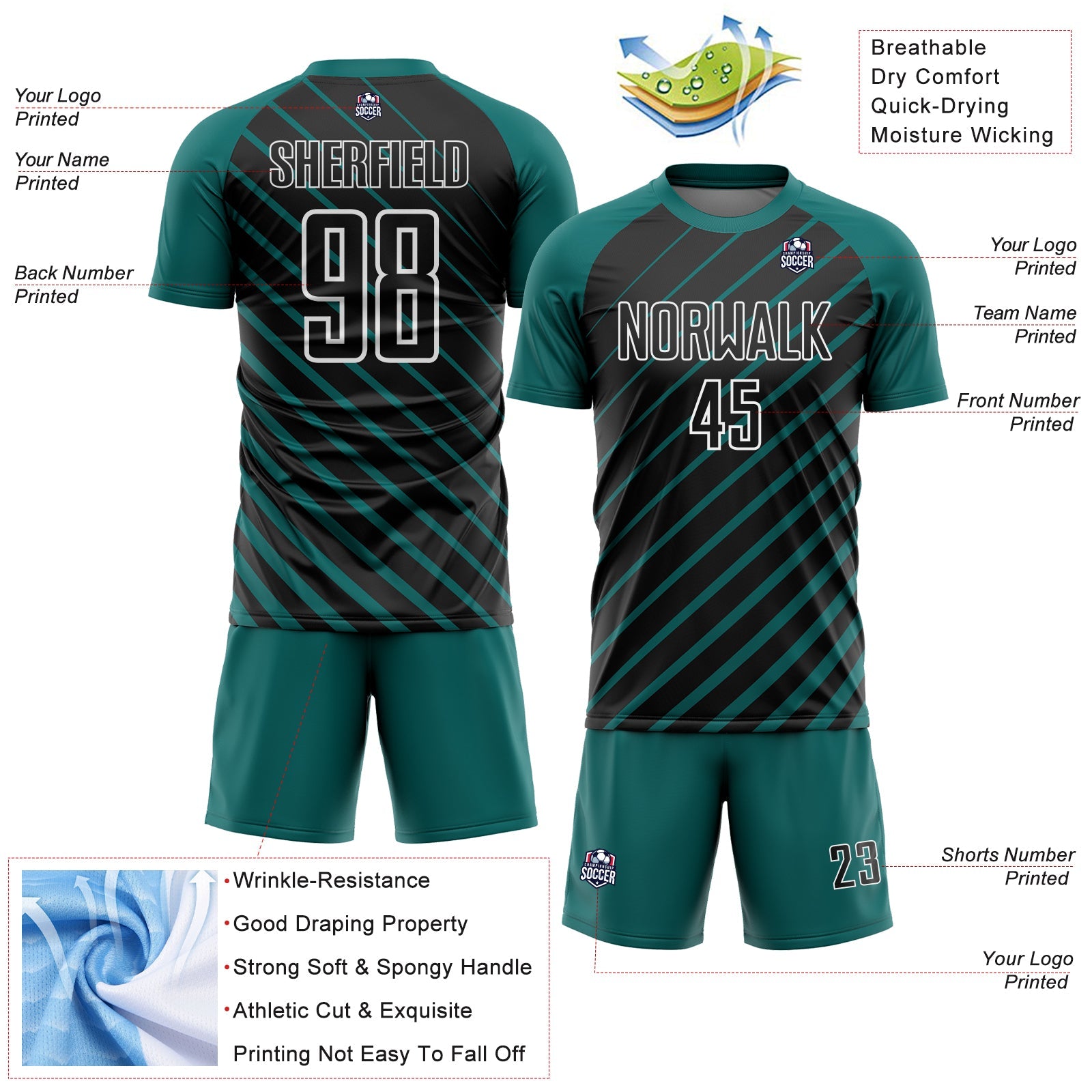 Custom Teal Black-White Lines Sublimation Soccer Uniform Jersey view 4