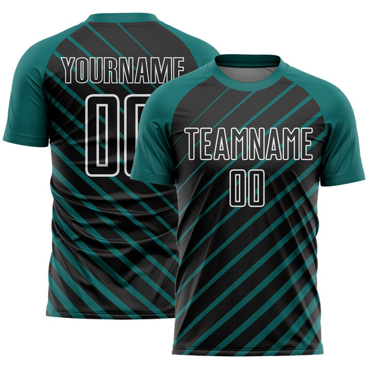 Custom Teal Black-White Lines Sublimation Soccer Uniform Jersey - Main View
