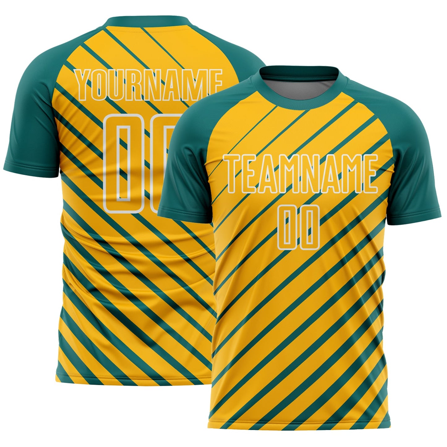 Custom Teal Gold-White Lines Sublimation Soccer Uniform Jersey - Main View
