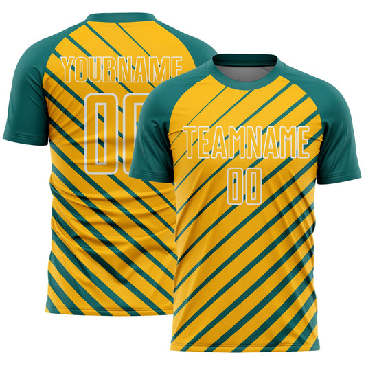 Custom Teal Gold-White Lines Sublimation Soccer Uniform Jersey - Main View
