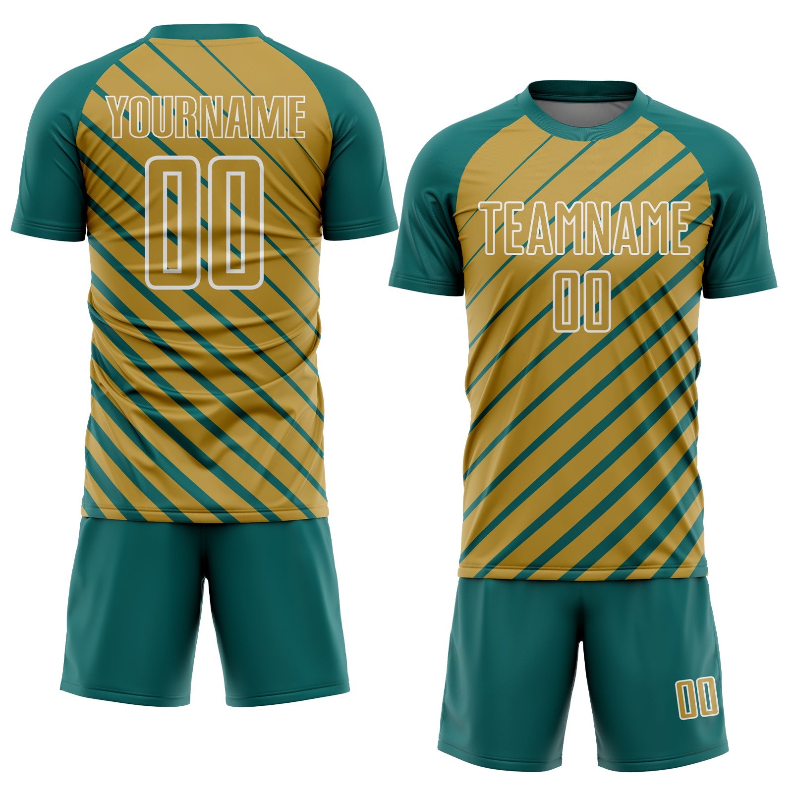 Custom Teal Old Gold-White Lines Sublimation Soccer Uniform Jersey view 2