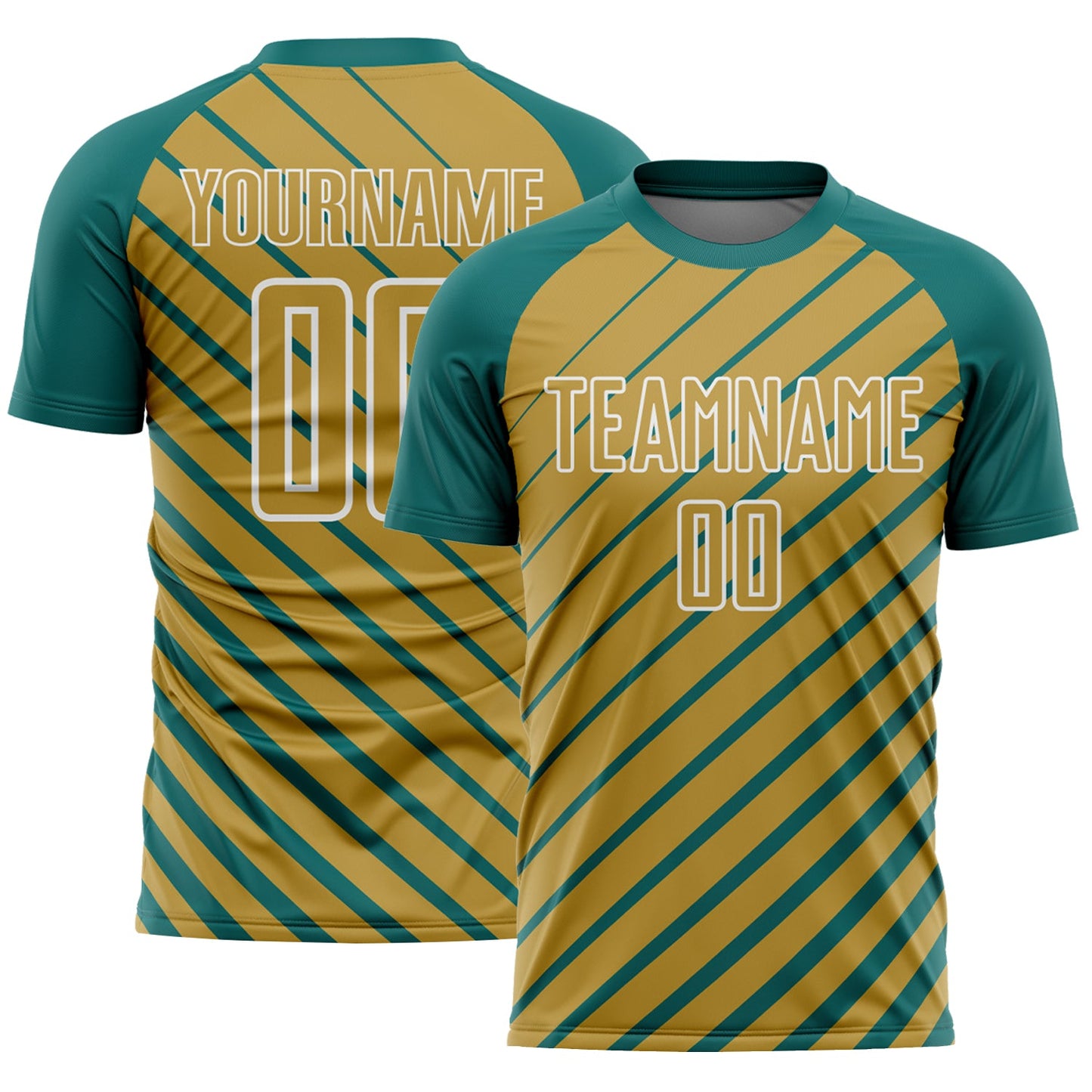 Custom Teal Old Gold-White Lines Sublimation Soccer Uniform Jersey - Main View