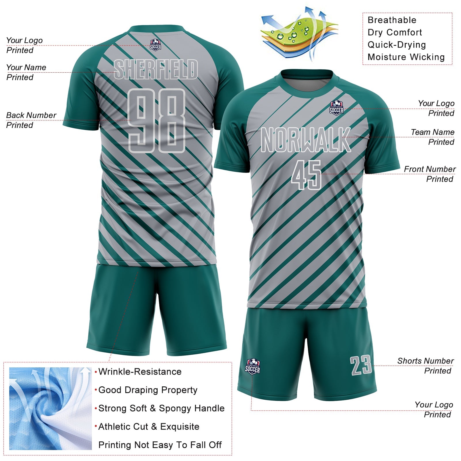 Custom Teal Gray-White Lines Sublimation Soccer Uniform Jersey view 4