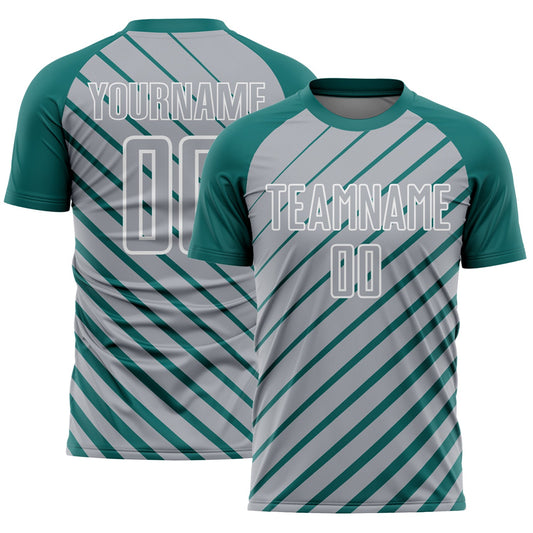 Custom Teal Gray-White Lines Sublimation Soccer Uniform Jersey - Main View