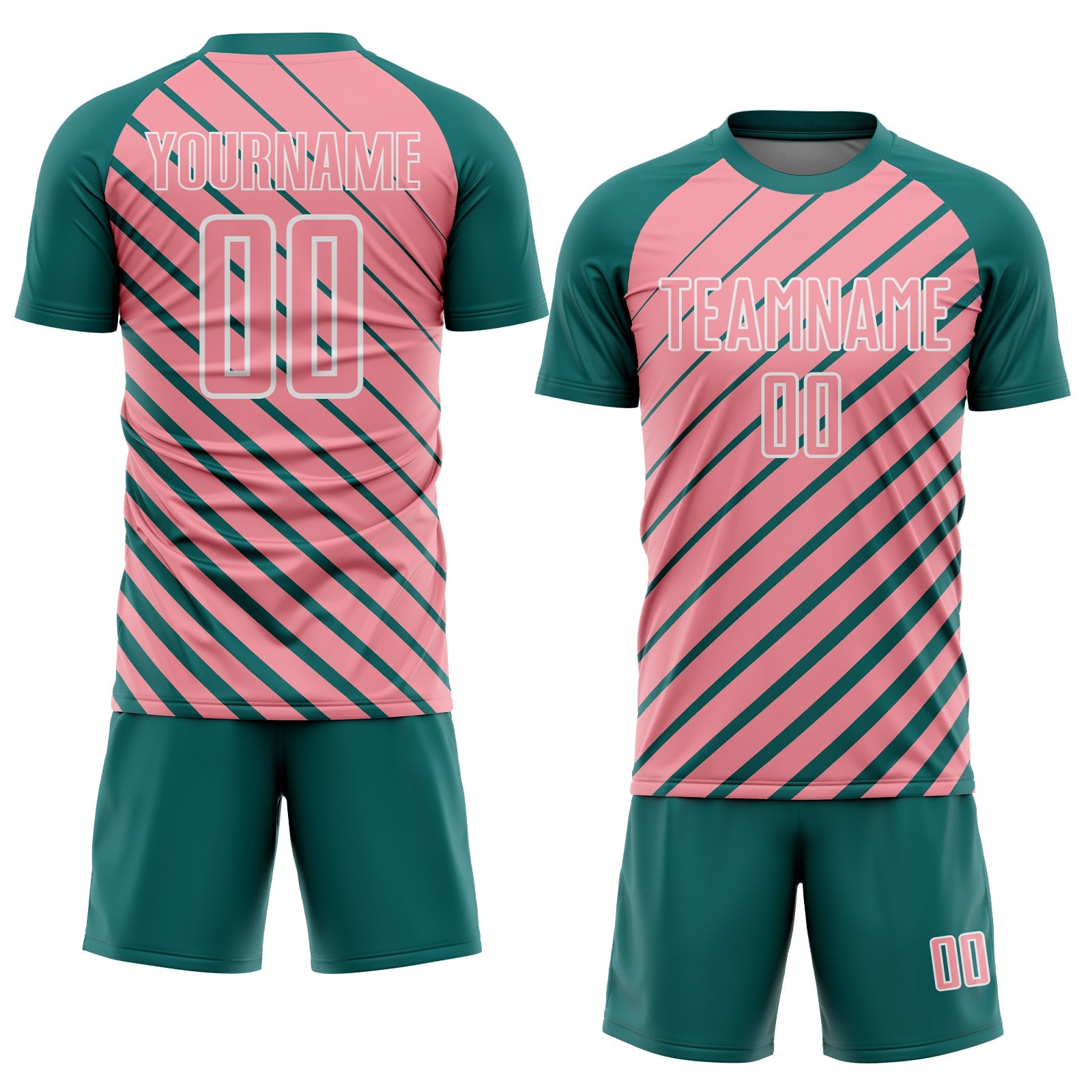 Custom Teal Medium Pink-White Lines Sublimation Soccer Uniform Jersey view 2