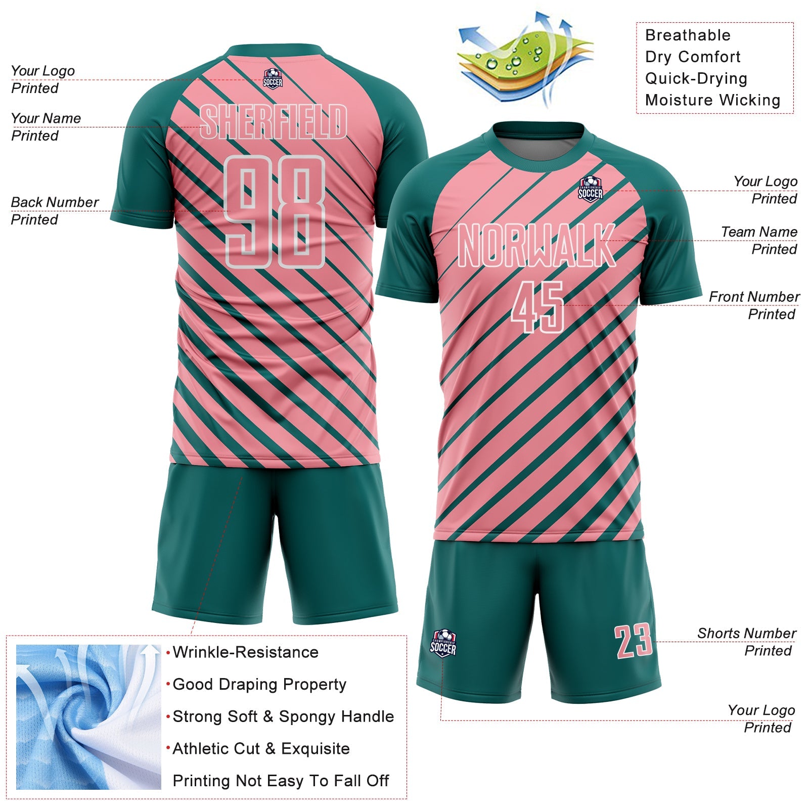 Custom Teal Medium Pink-White Lines Sublimation Soccer Uniform Jersey view 4