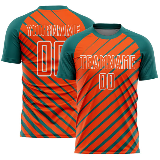 Custom Teal Orange-White Lines Sublimation Soccer Uniform Jersey - Main View