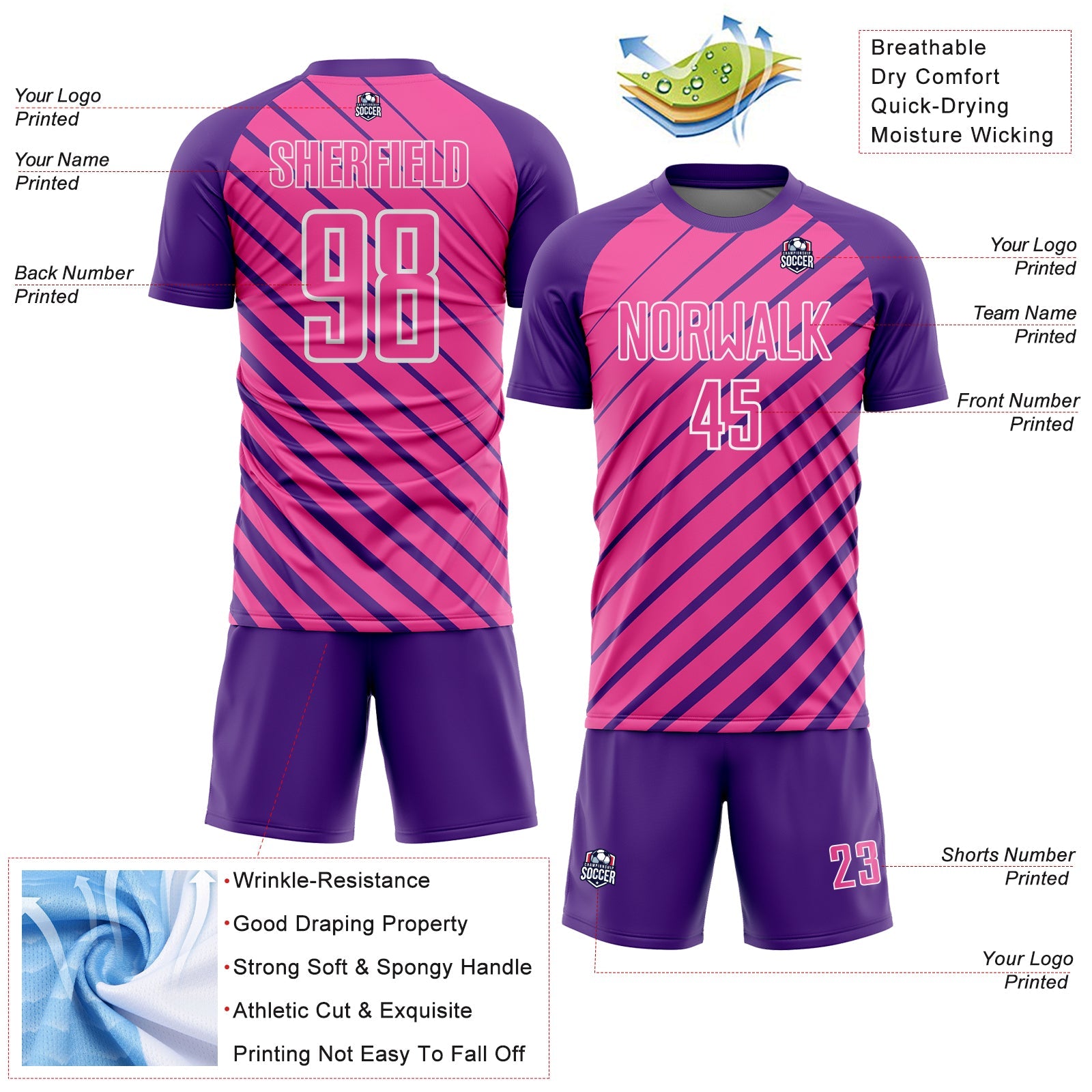Custom Purple Pink-White Lines Sublimation Soccer Uniform Jersey view 4