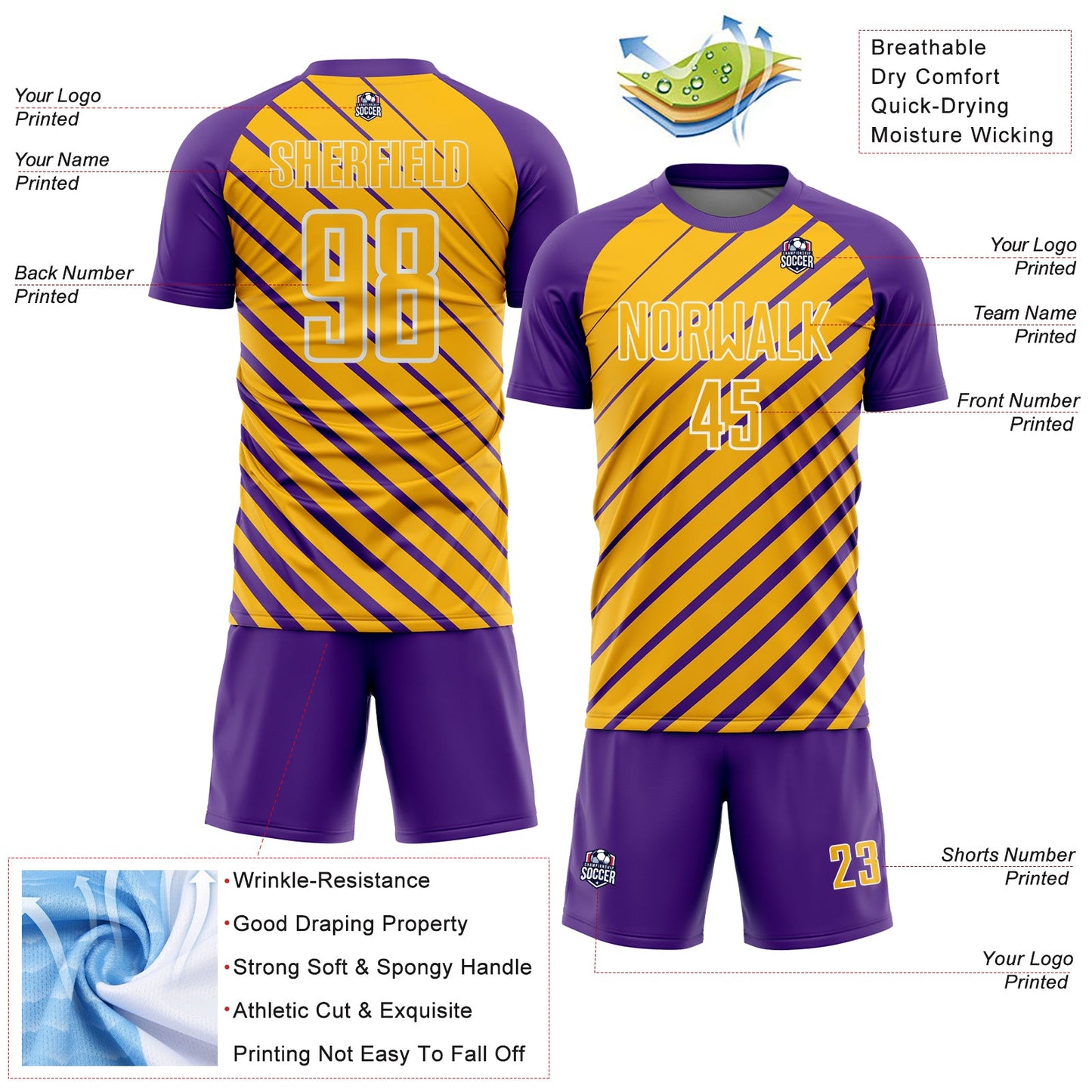 Custom Purple Gold-White Lines Sublimation Soccer Uniform Jersey view 4