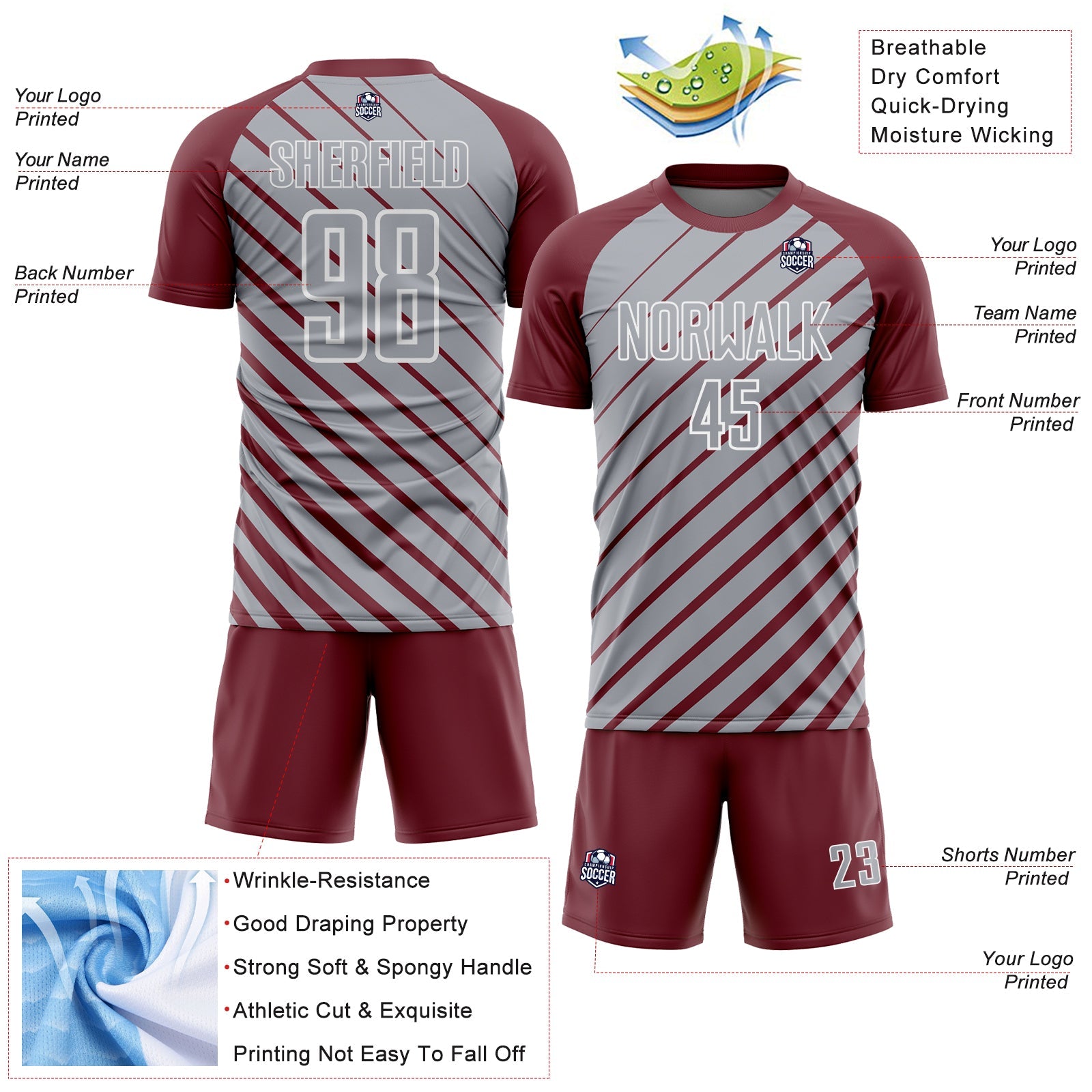 Custom Burgundy Gray-White Lines Sublimation Soccer Uniform Jersey view 4
