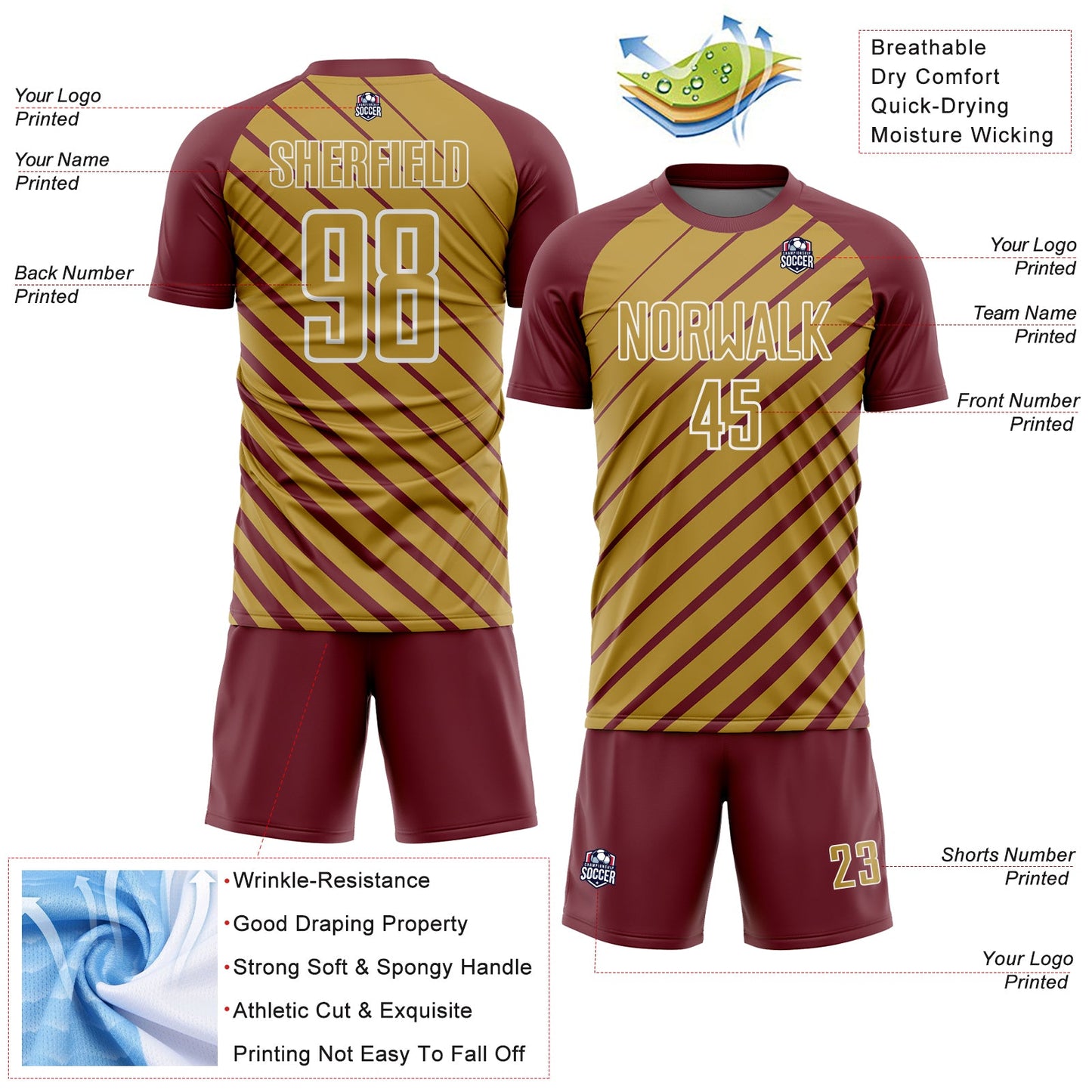 Custom Burgundy Old Gold-White Lines Sublimation Soccer Uniform Jersey view 4