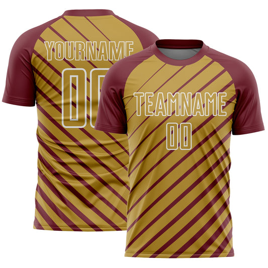 Custom Burgundy Old Gold-White Lines Sublimation Soccer Uniform Jersey - Main View