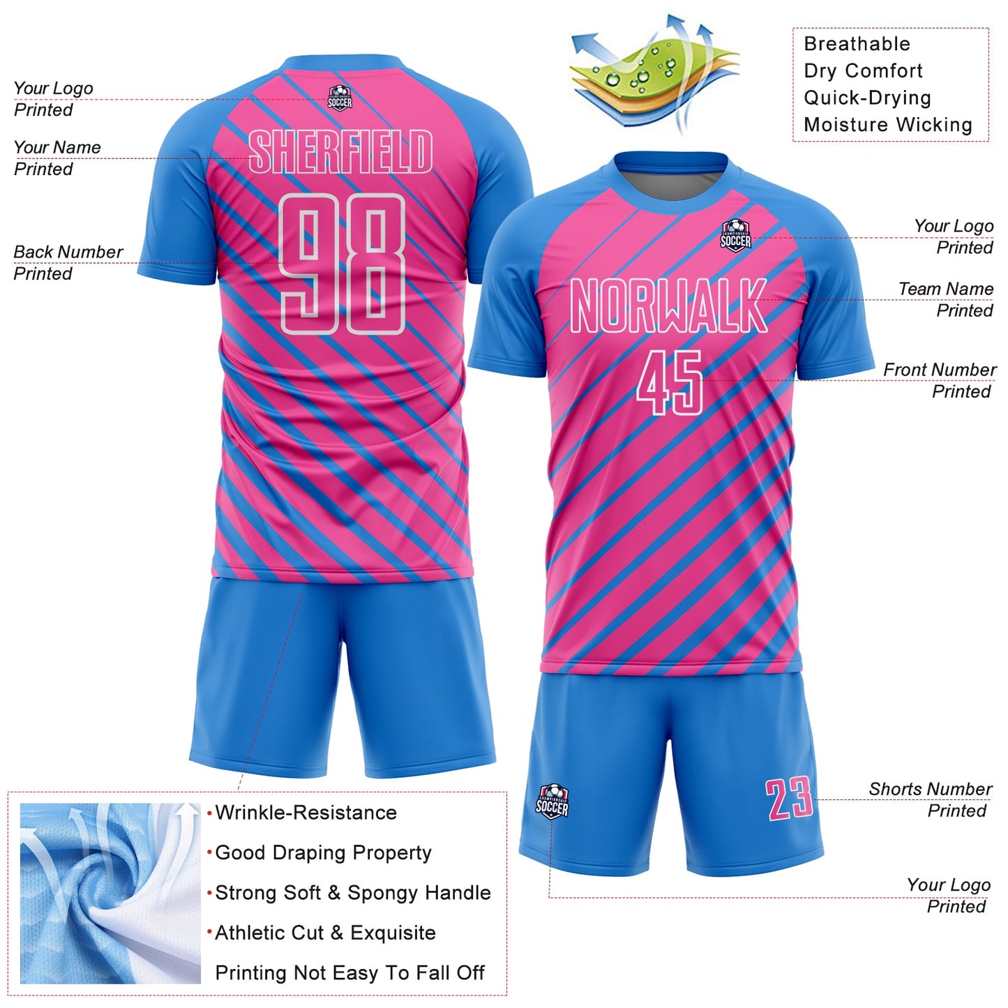 Custom Powder Blue Pink-White Lines Sublimation Soccer Uniform Jersey view 4