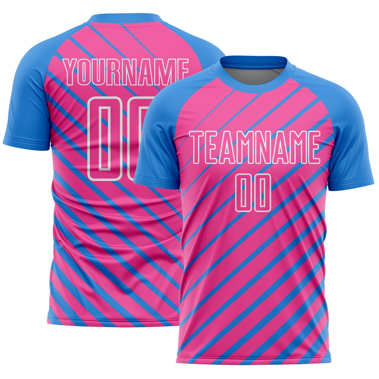 Custom Powder Blue Pink-White Lines Sublimation Soccer Uniform Jersey - Main View