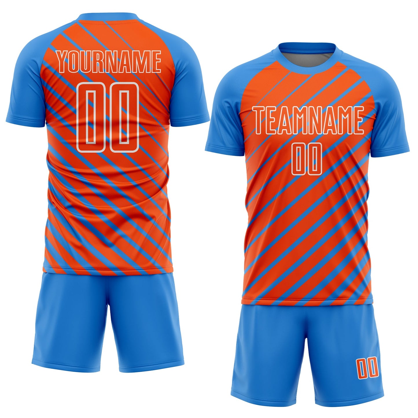 Custom Powder Blue Orange-White Lines Sublimation Soccer Uniform Jersey view 2