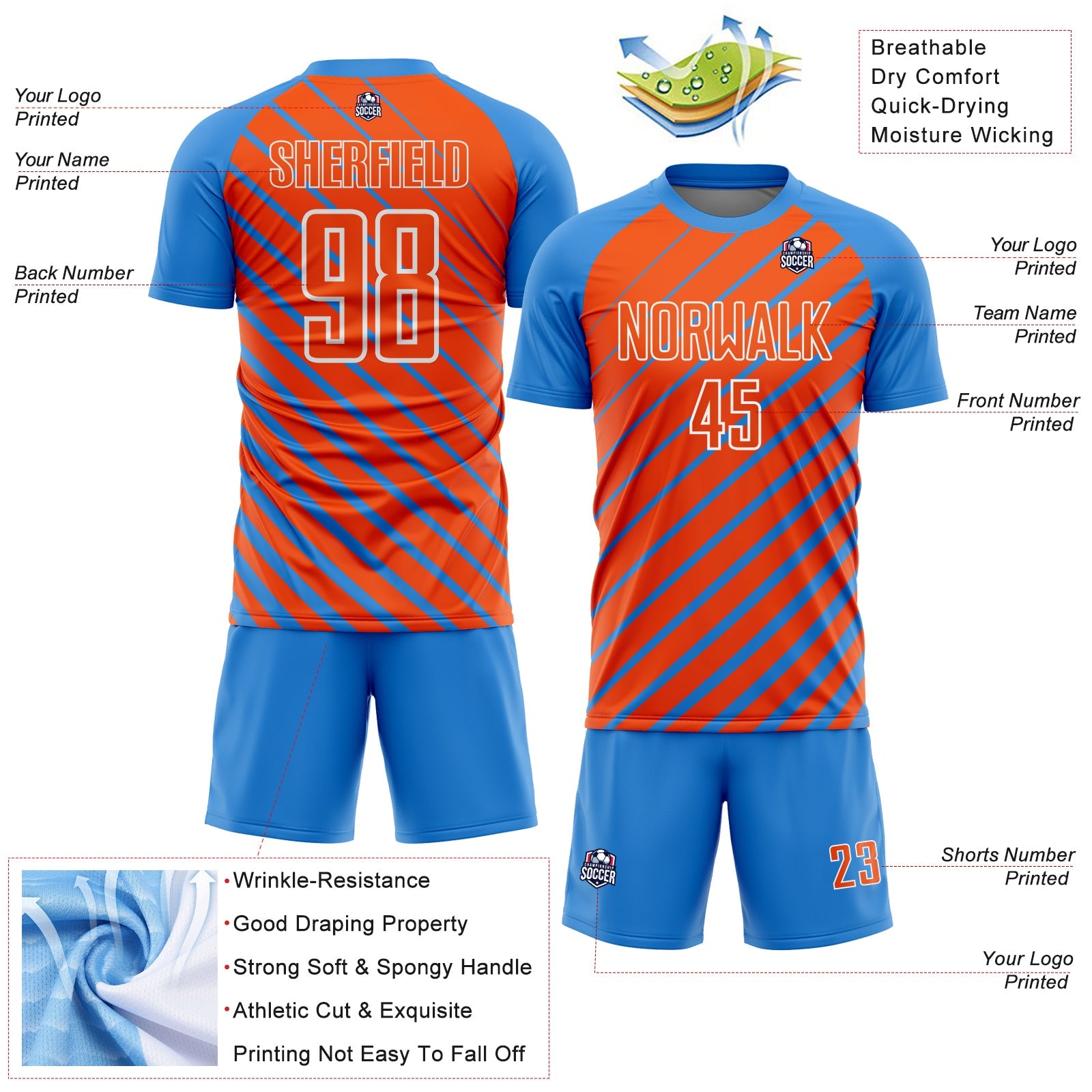 Custom Powder Blue Orange-White Lines Sublimation Soccer Uniform Jersey view 4