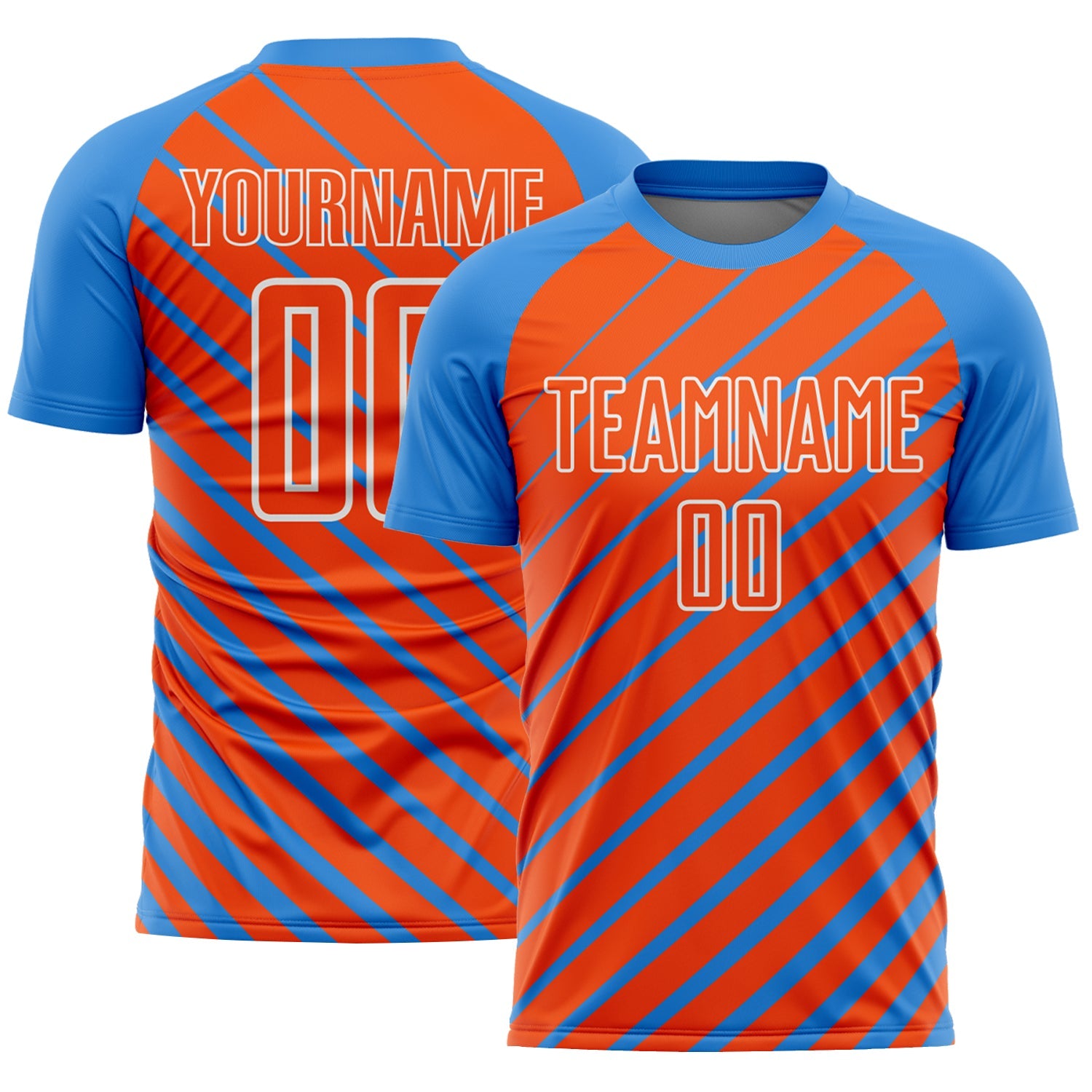 Custom Powder Blue Orange-White Lines Sublimation Soccer Uniform Jersey - Main View