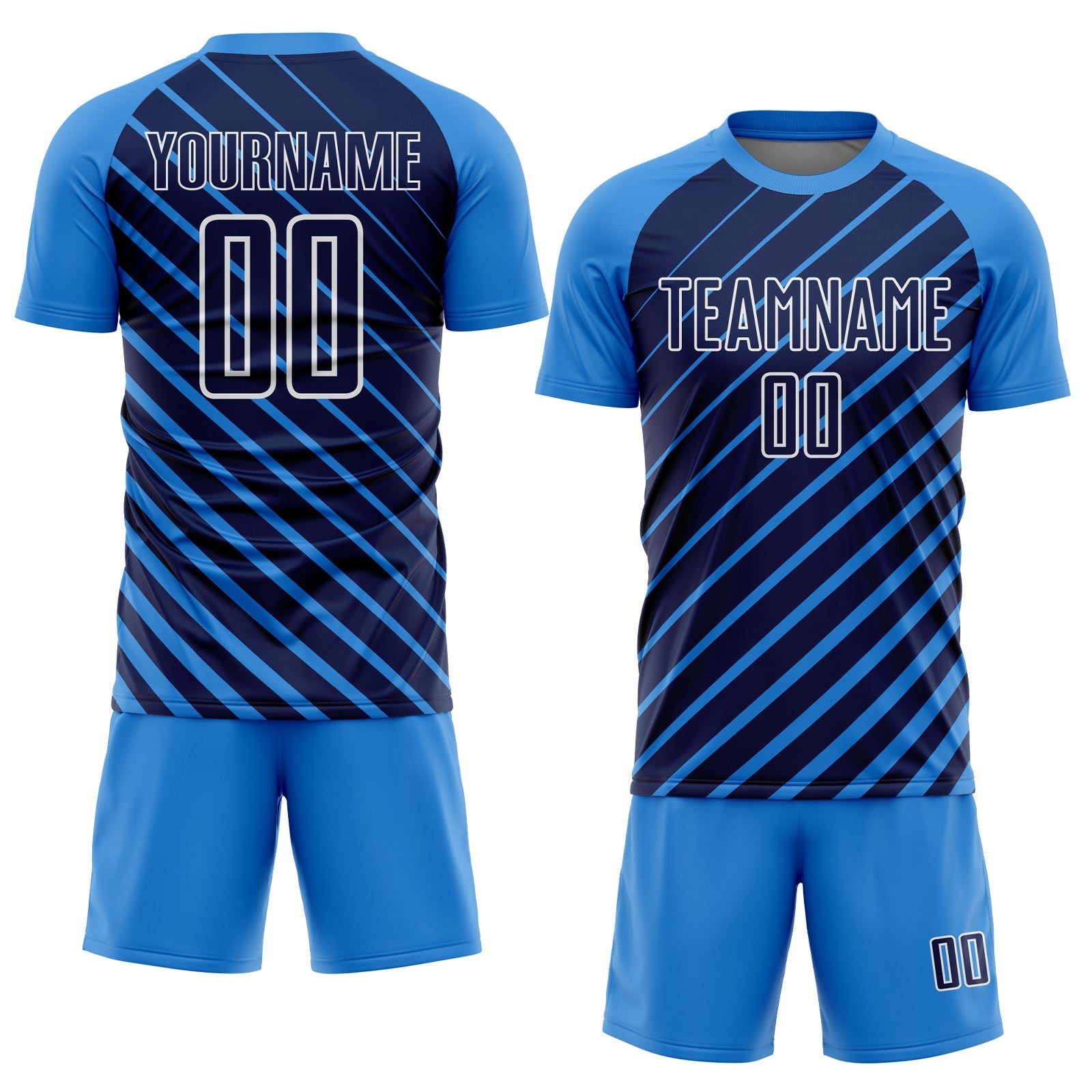 Custom Powder Blue Navy-White Lines Sublimation Soccer Uniform Jersey view 2