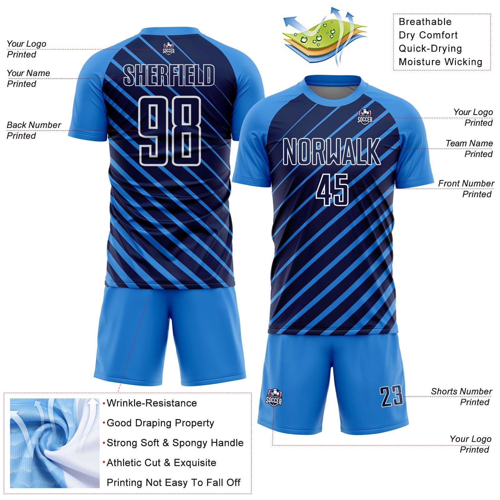 Custom Powder Blue Navy-White Lines Sublimation Soccer Uniform Jersey view 4