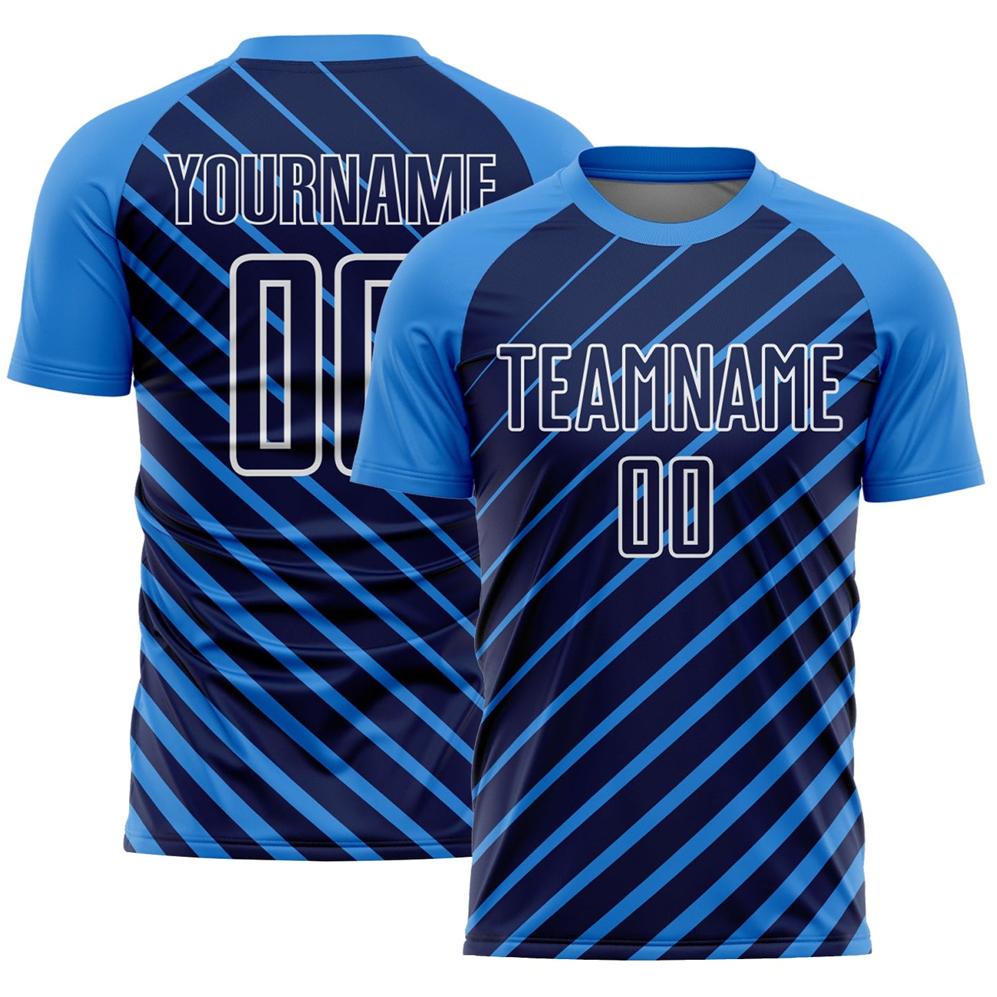 Custom Powder Blue Navy-White Lines Sublimation Soccer Uniform Jersey - Main View