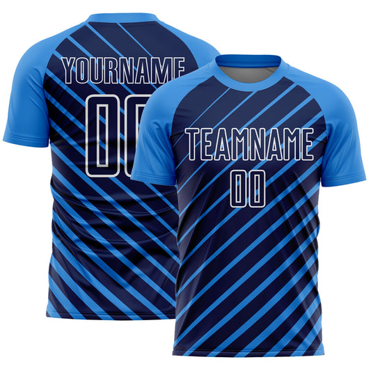Custom Powder Blue Navy-White Lines Sublimation Soccer Uniform Jersey - Main View
