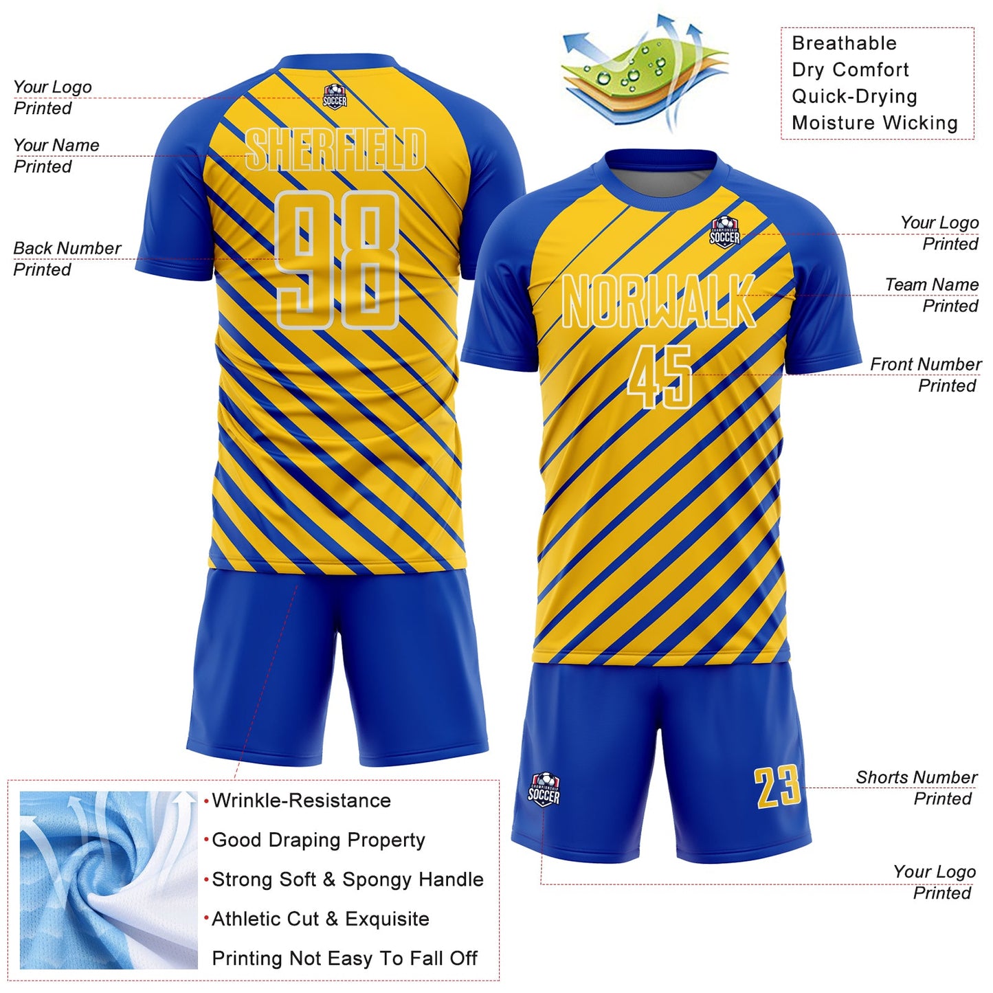 Custom Thunder Blue Yellow-White Lines Sublimation Soccer Uniform Jersey view 4