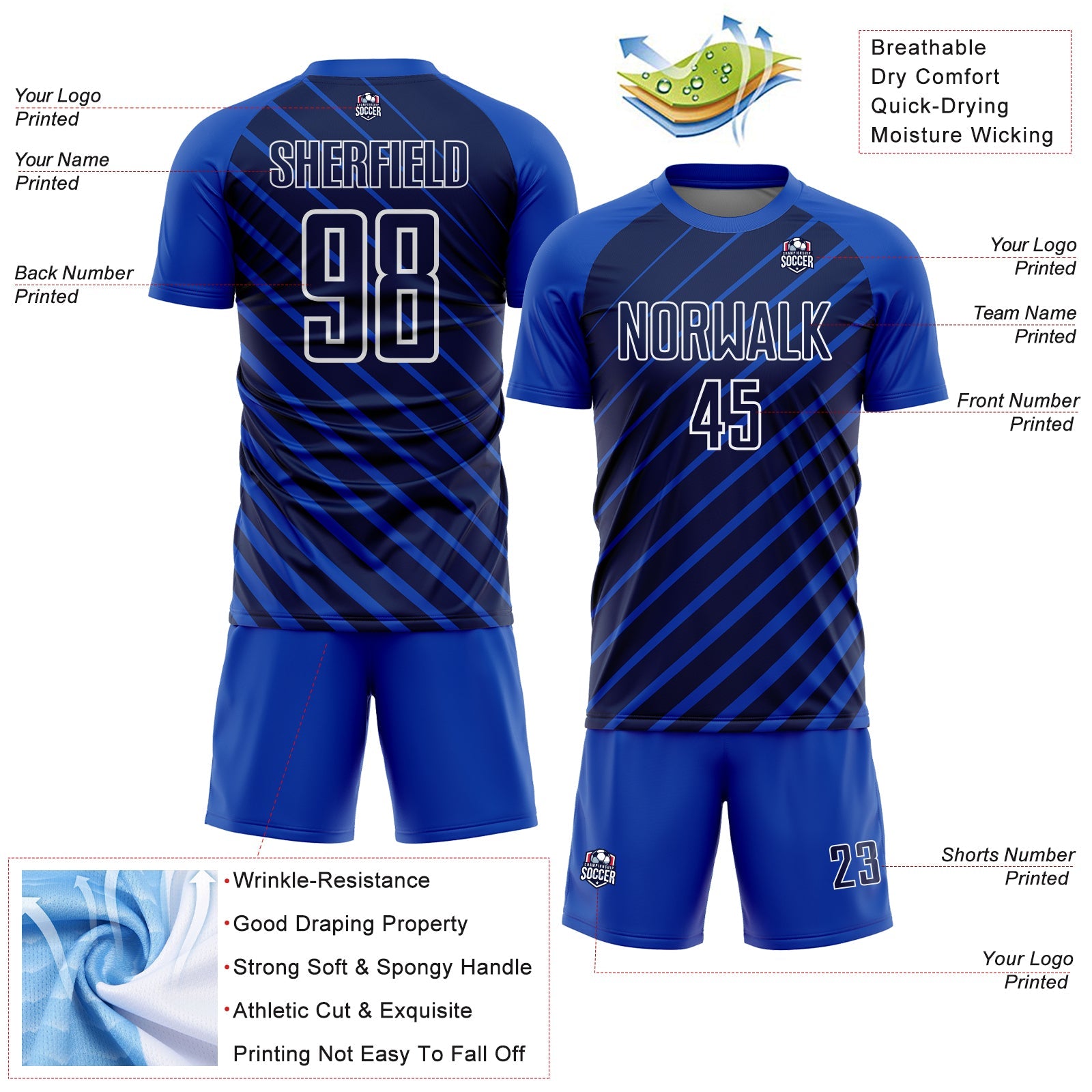 Custom Thunder Blue Navy-White Lines Sublimation Soccer Uniform Jersey view 4