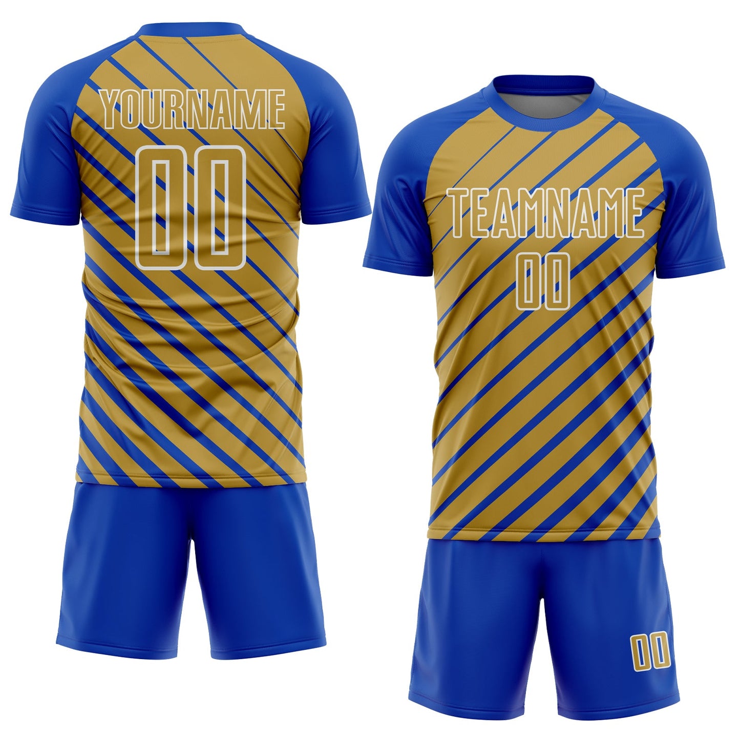 Custom Thunder Blue Old Gold-White Lines Sublimation Soccer Uniform Jersey view 2