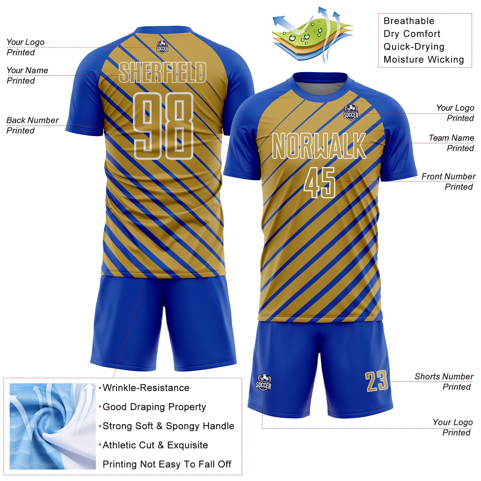 Custom Thunder Blue Old Gold-White Lines Sublimation Soccer Uniform Jersey view 4