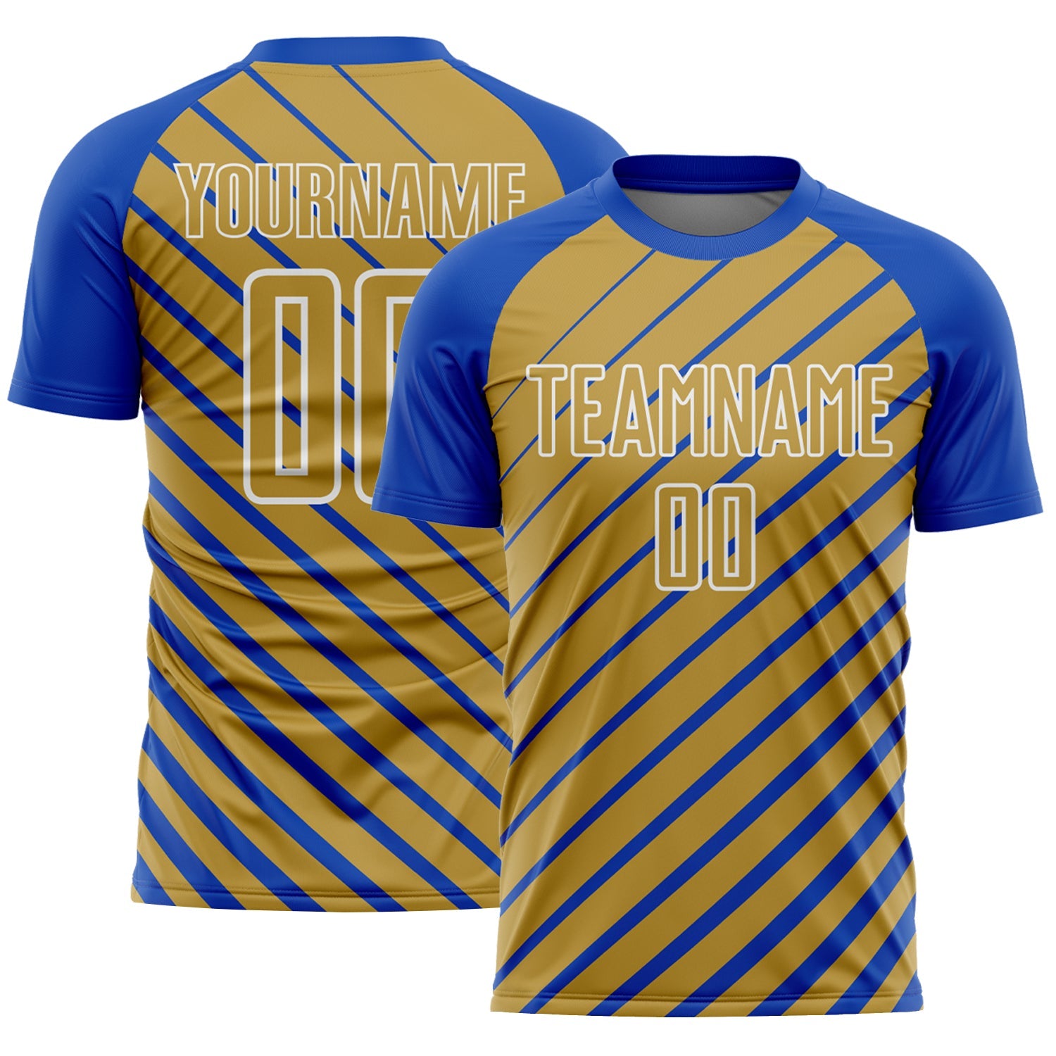Custom Thunder Blue Old Gold-White Lines Sublimation Soccer Uniform Jersey - Main View