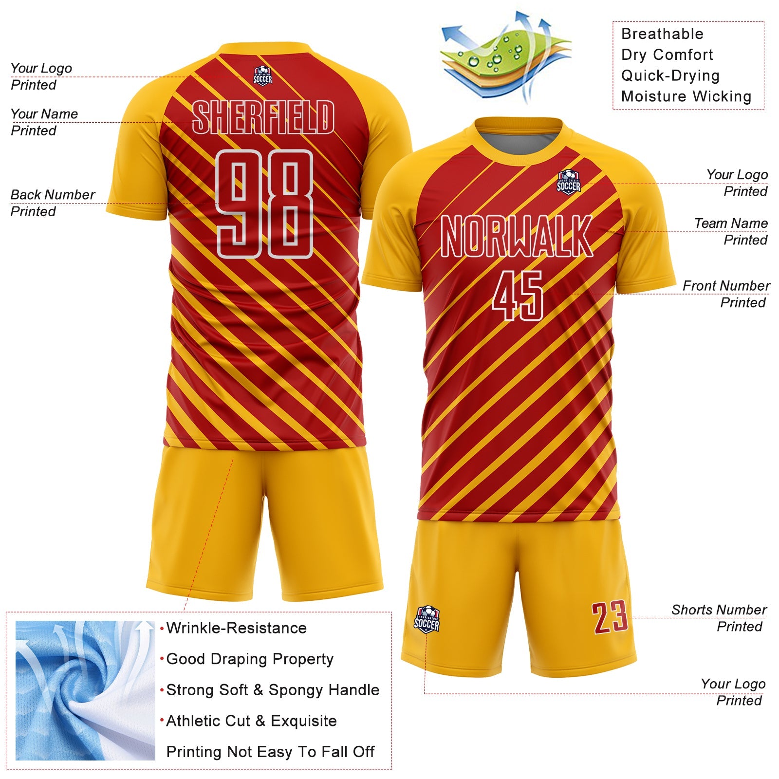 Custom Gold Red-White Lines Sublimation Soccer Uniform Jersey view 4