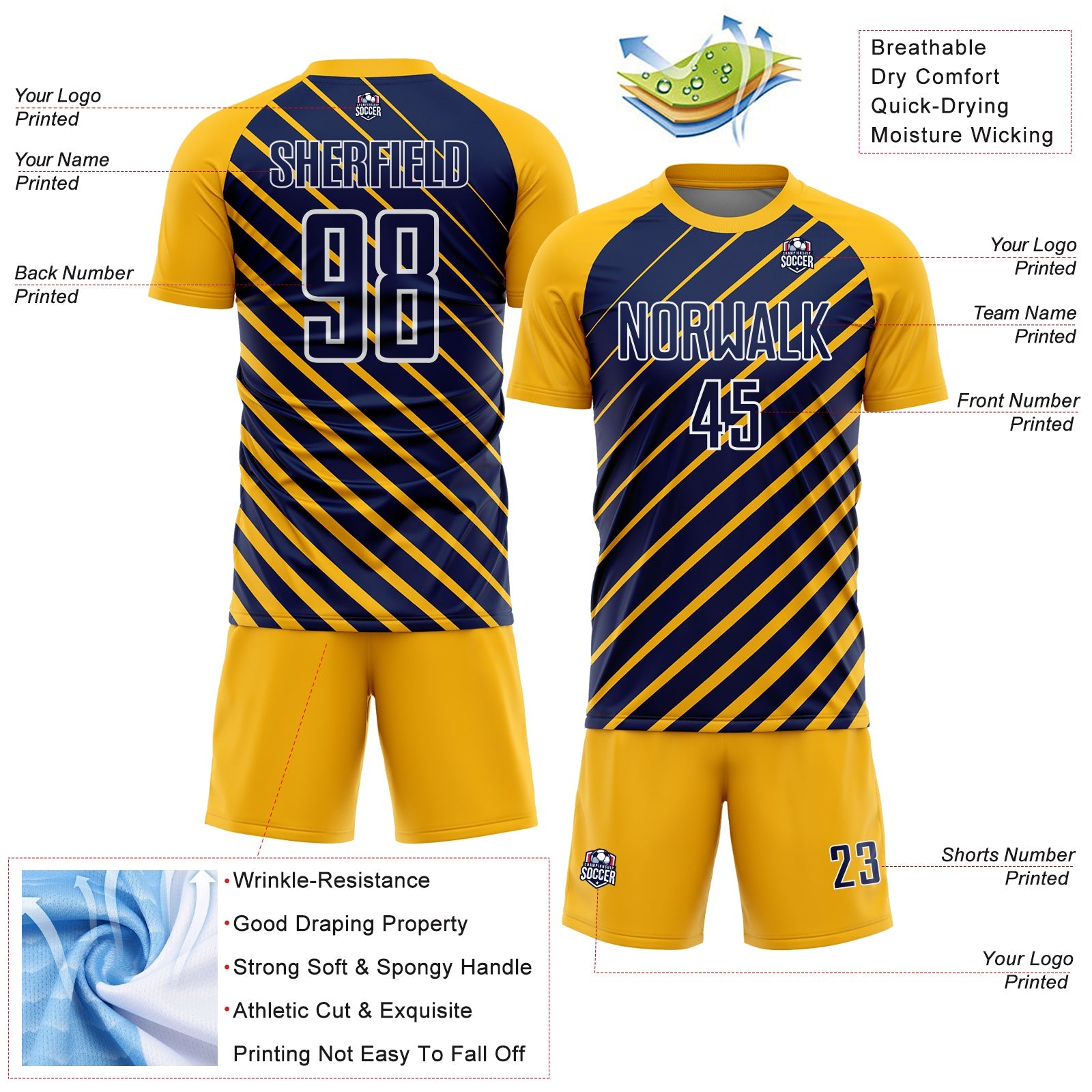 Custom Gold Navy-White Lines Sublimation Soccer Uniform Jersey view 4