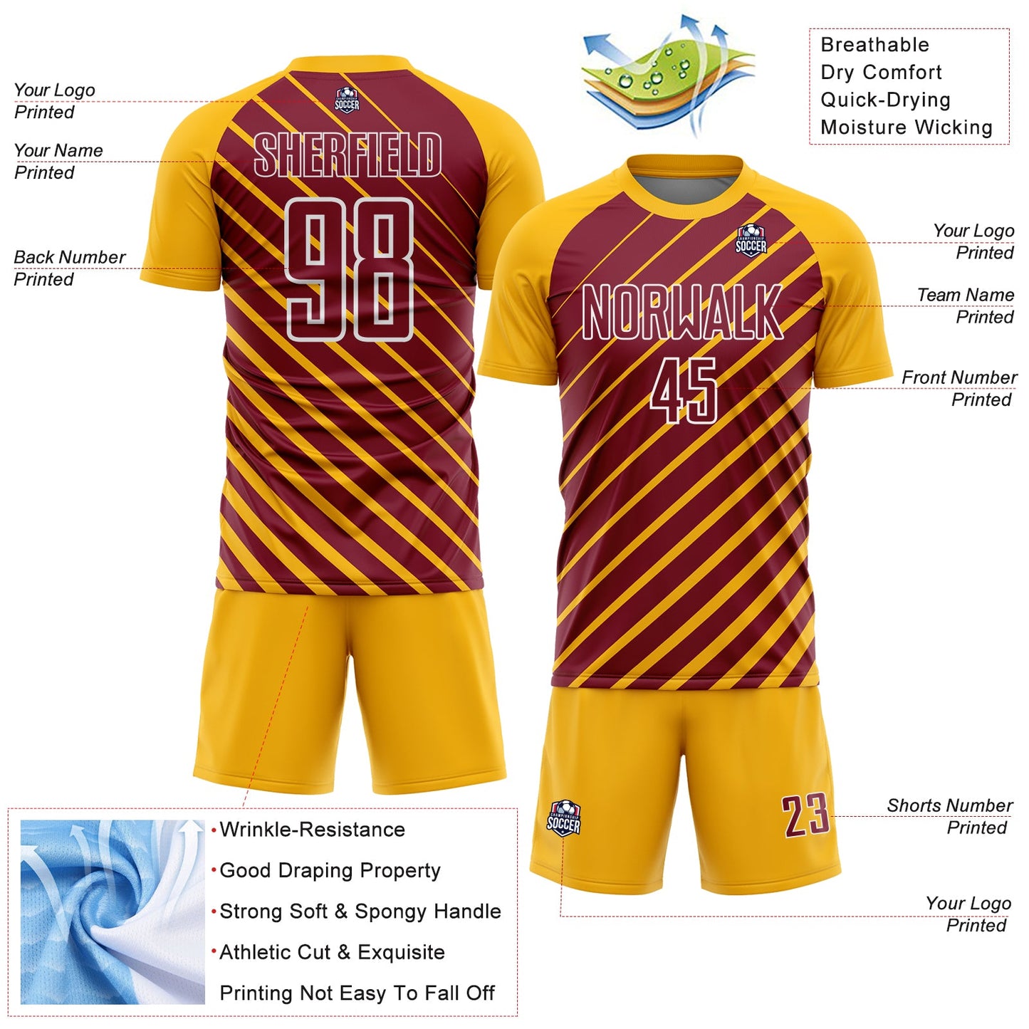 Custom Gold Crimson-White Lines Sublimation Soccer Uniform Jersey view 4