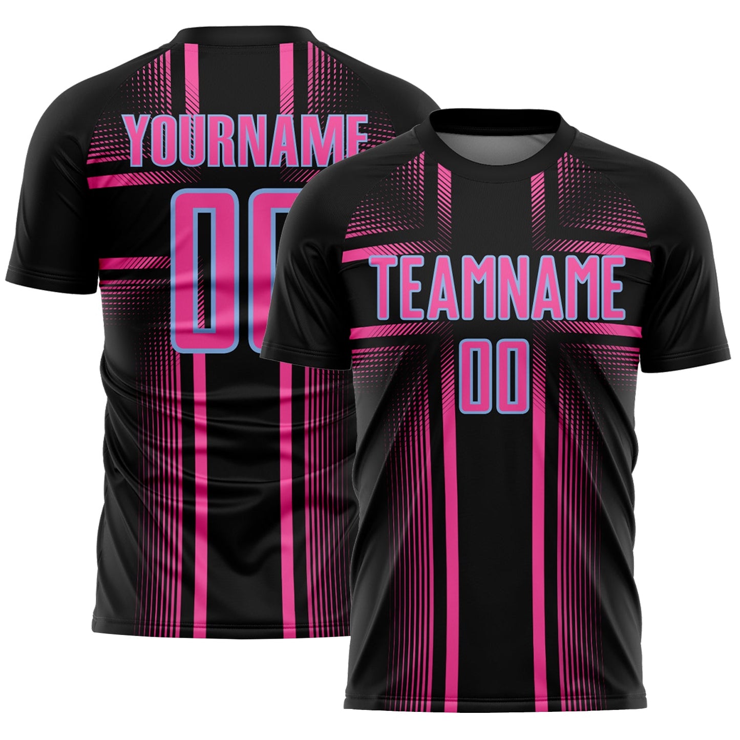 Custom Black Pink-Light Blue Lines Sublimation Soccer Uniform Jersey - Main View