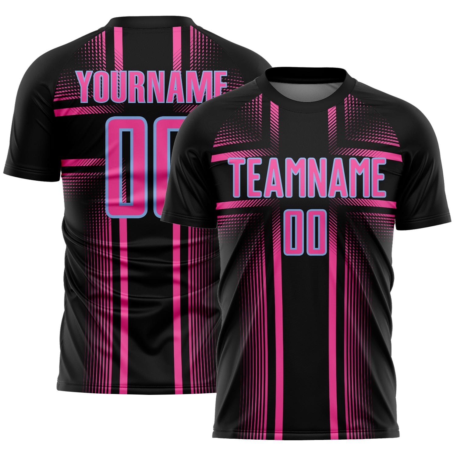 Custom Black Pink-Light Blue Lines Sublimation Soccer Uniform Jersey - Main View