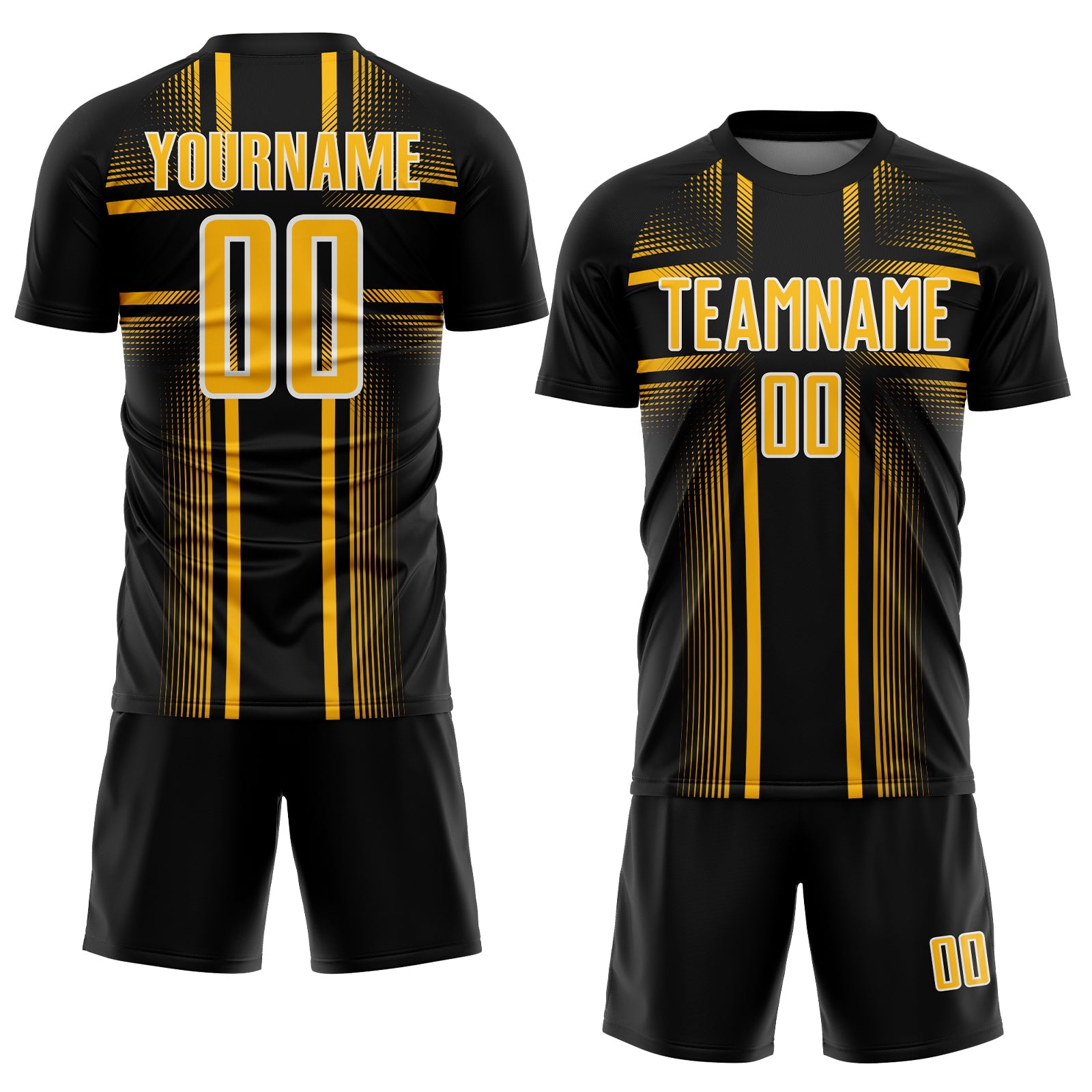 Custom Black Gold-White Lines Sublimation Soccer Uniform Jersey view 2