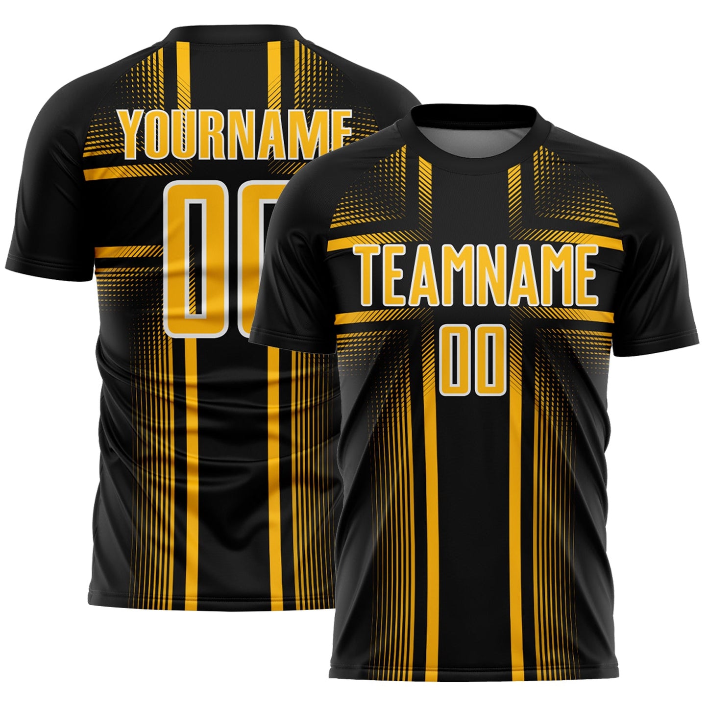 Custom Black Gold-White Lines Sublimation Soccer Uniform Jersey - Main View