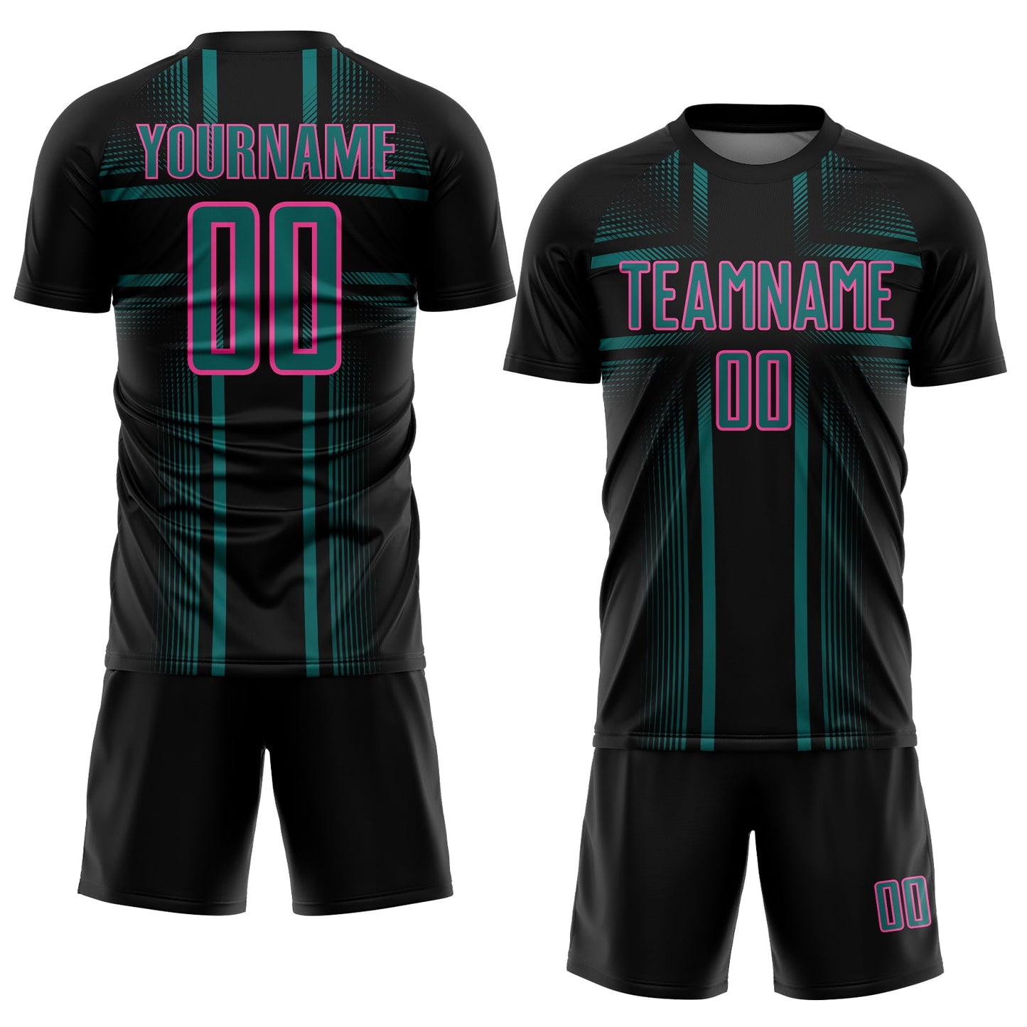 Custom Black Teal-Pink Lines Sublimation Soccer Uniform Jersey view 2