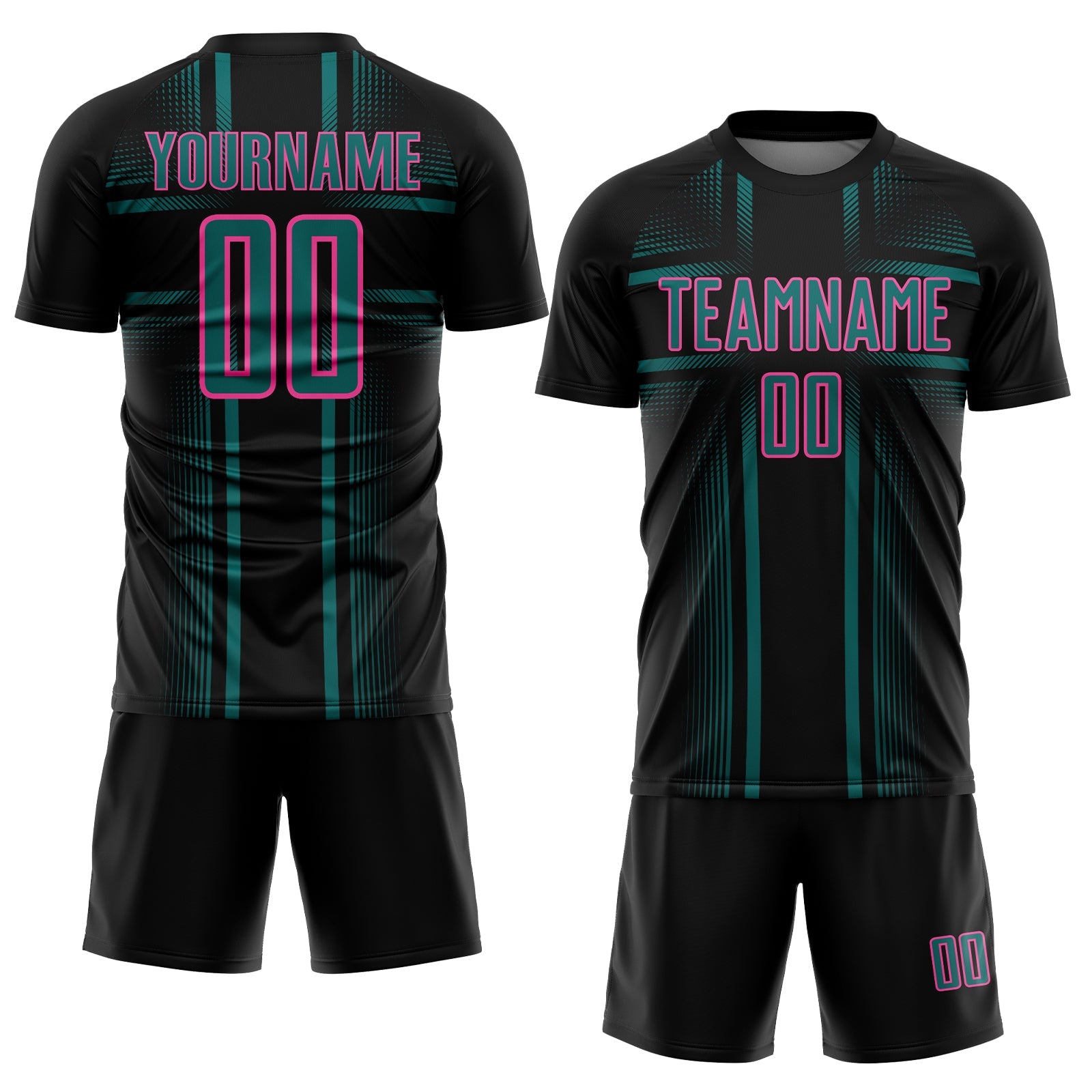 Custom Black Teal-Pink Lines Sublimation Soccer Uniform Jersey view 2