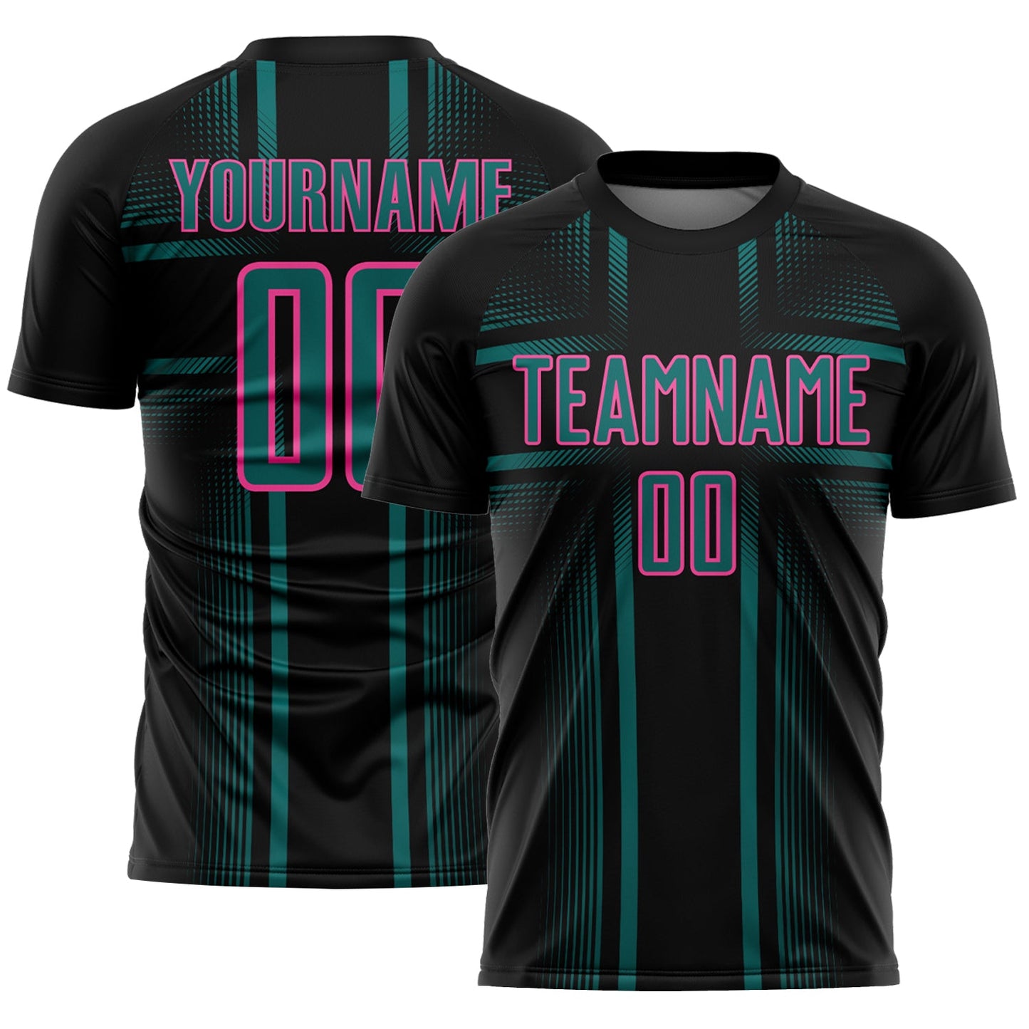 Custom Black Teal-Pink Lines Sublimation Soccer Uniform Jersey - Main View