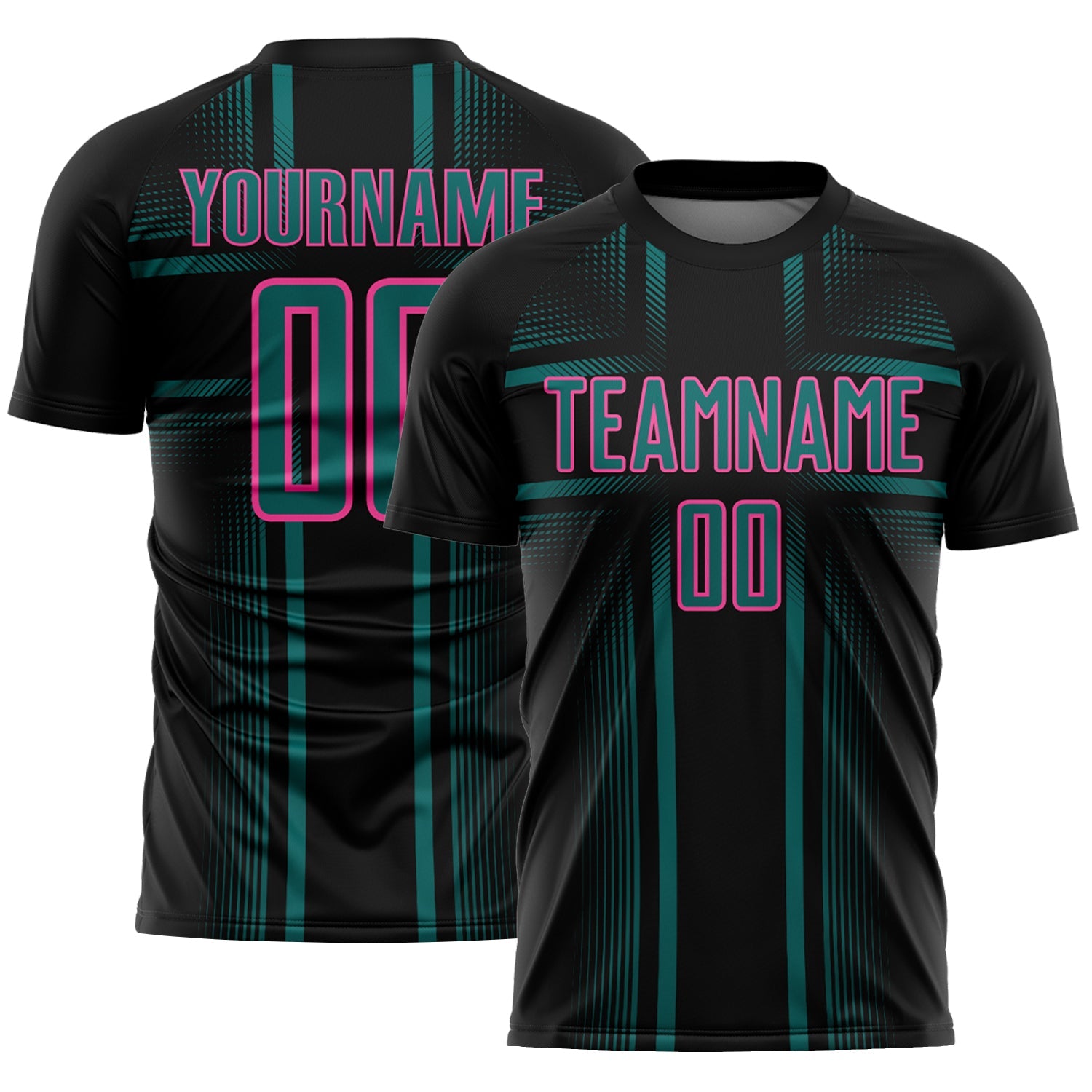 Custom Black Teal-Pink Lines Sublimation Soccer Uniform Jersey - Main View