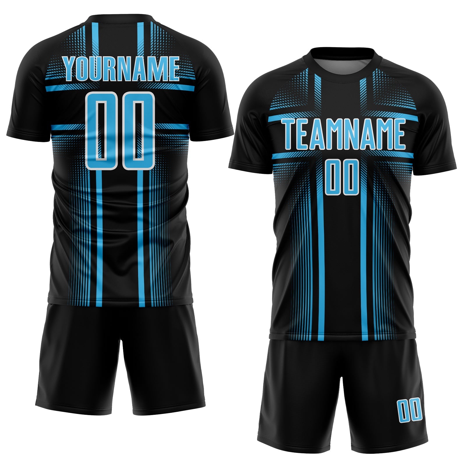 Custom Black Sky Blue-White Lines Sublimation Soccer Uniform Jersey view 2