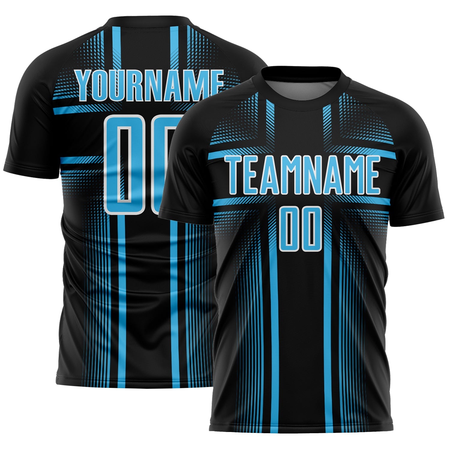 Custom Black Sky Blue-White Lines Sublimation Soccer Uniform Jersey - Main View