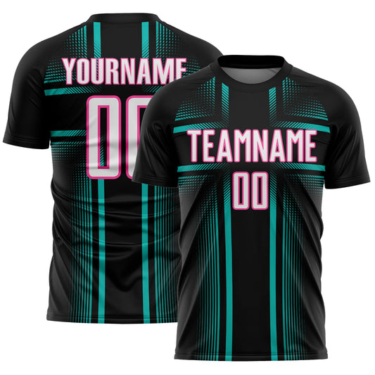 Custom Black White Aqua-Pink Lines Sublimation Soccer Uniform Jersey - Main View