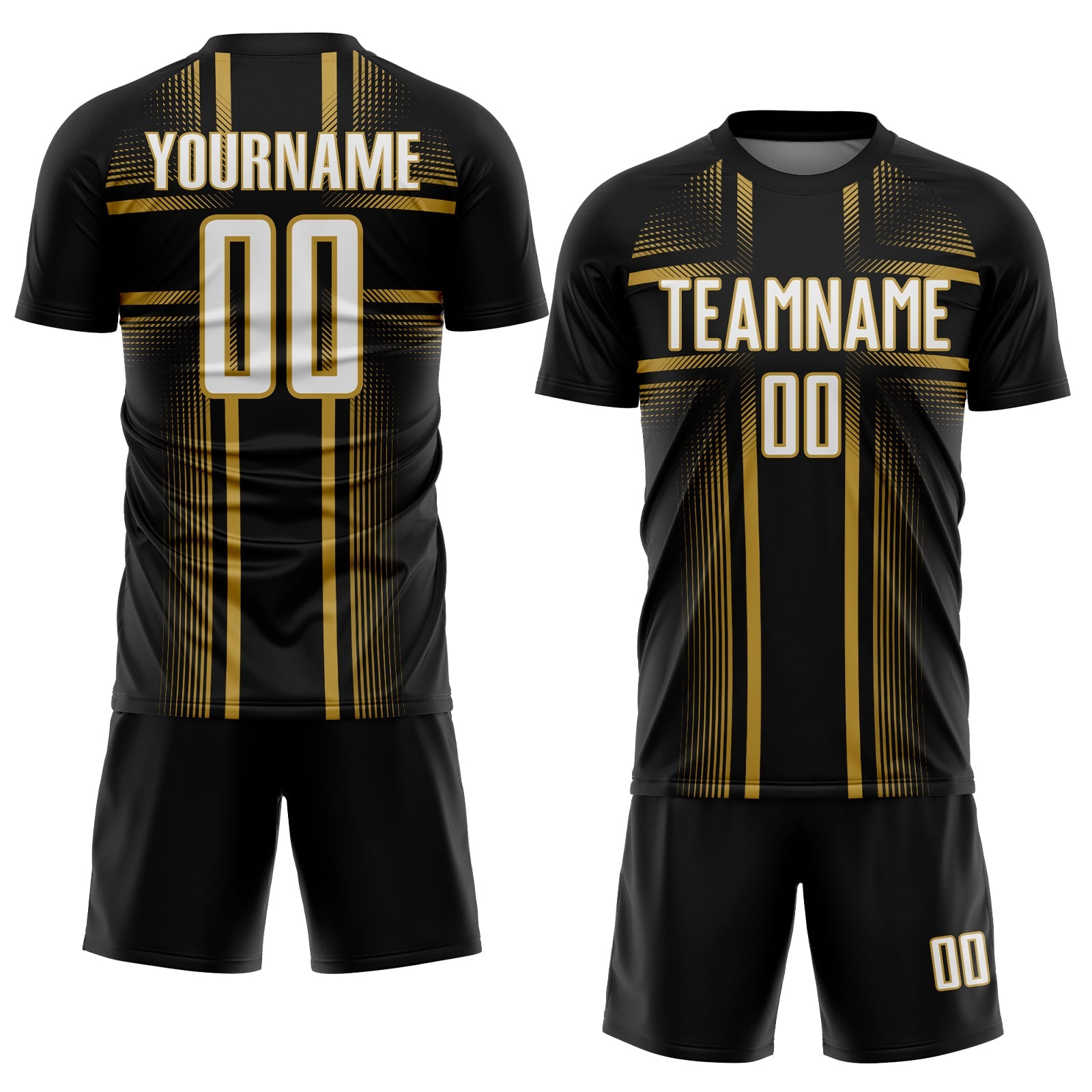Custom Black White-Old Gold Lines Sublimation Soccer Uniform Jersey view 2