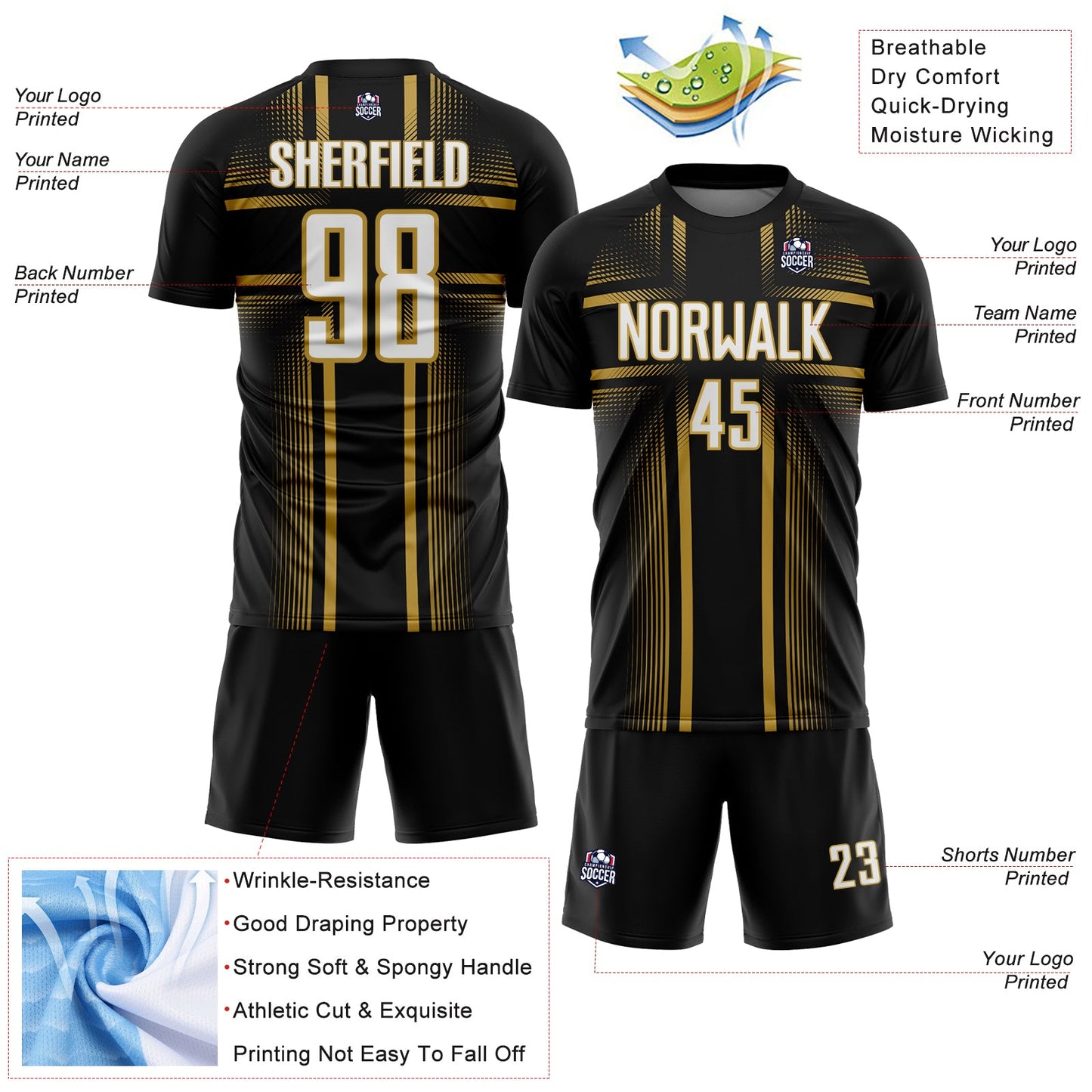 Custom Black White-Old Gold Lines Sublimation Soccer Uniform Jersey view 4