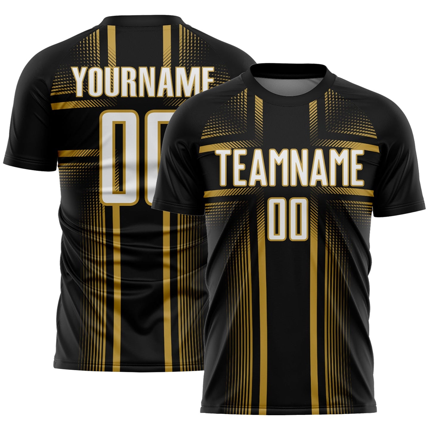 Custom Black White-Old Gold Lines Sublimation Soccer Uniform Jersey - Main View
