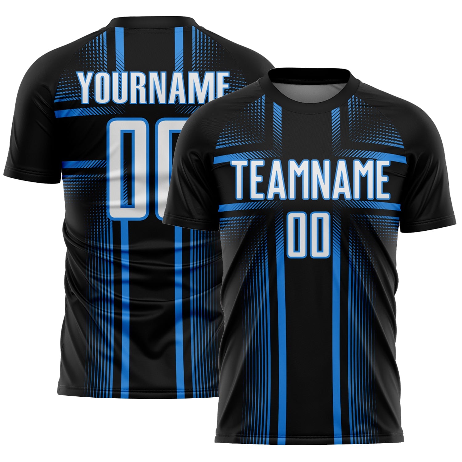 Custom Black White-Powder Blue Lines Sublimation Soccer Uniform Jersey - Main View