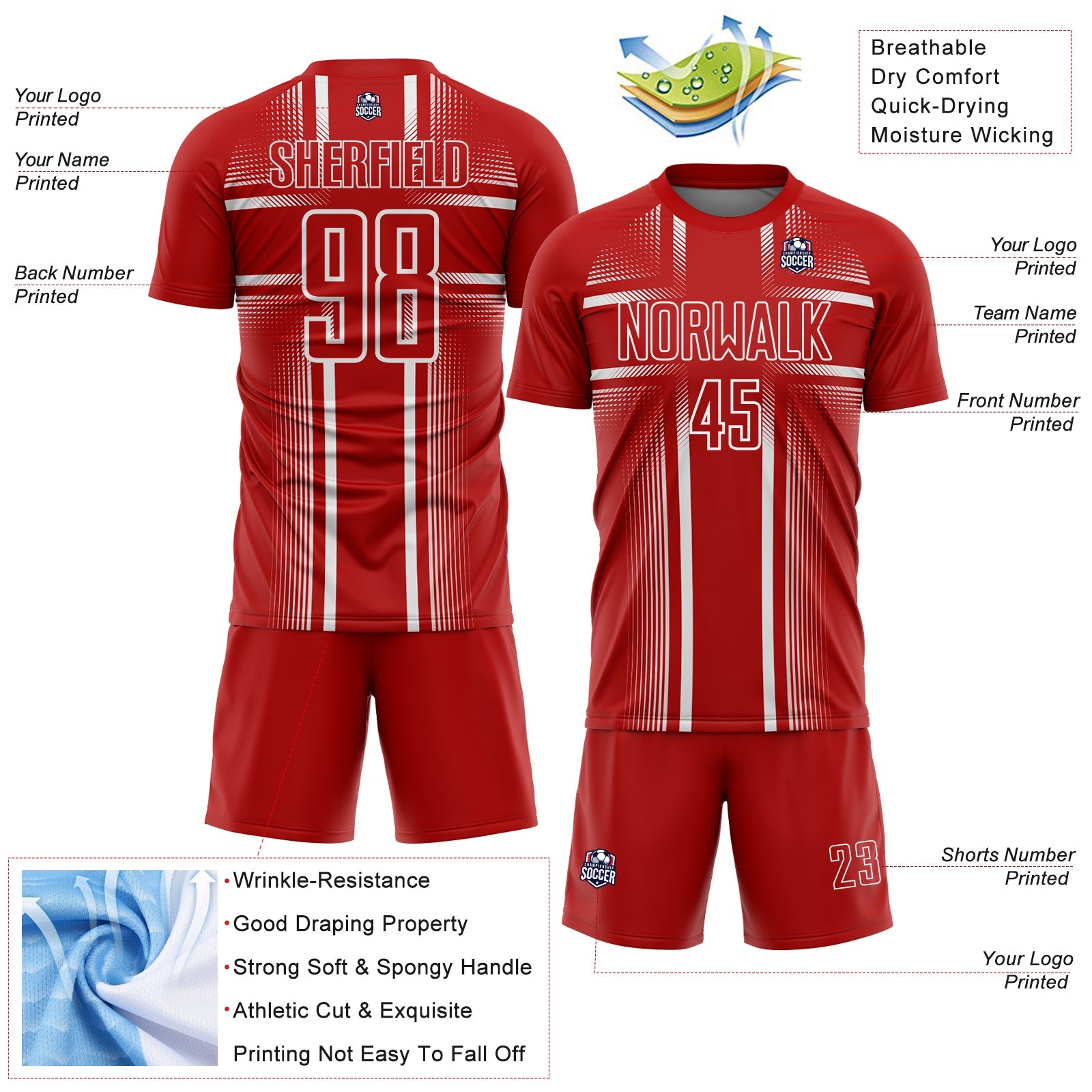 Custom Red White Lines Sublimation Soccer Uniform Jersey view 4